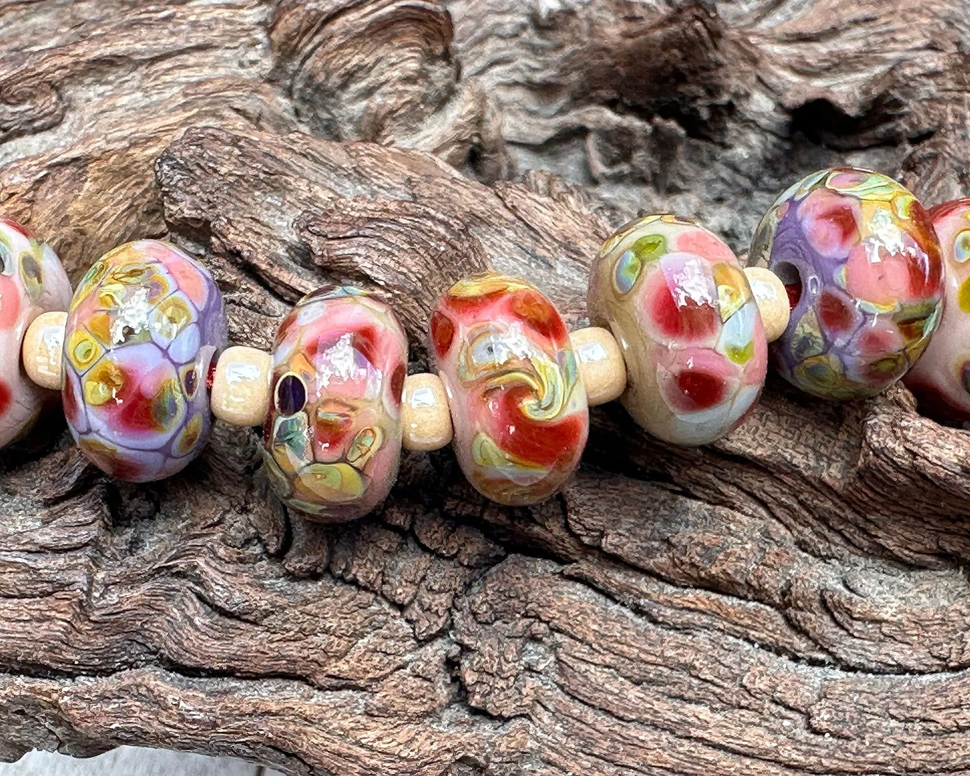10 Autumn Rose Swirl Lampwork Beads Set SRA