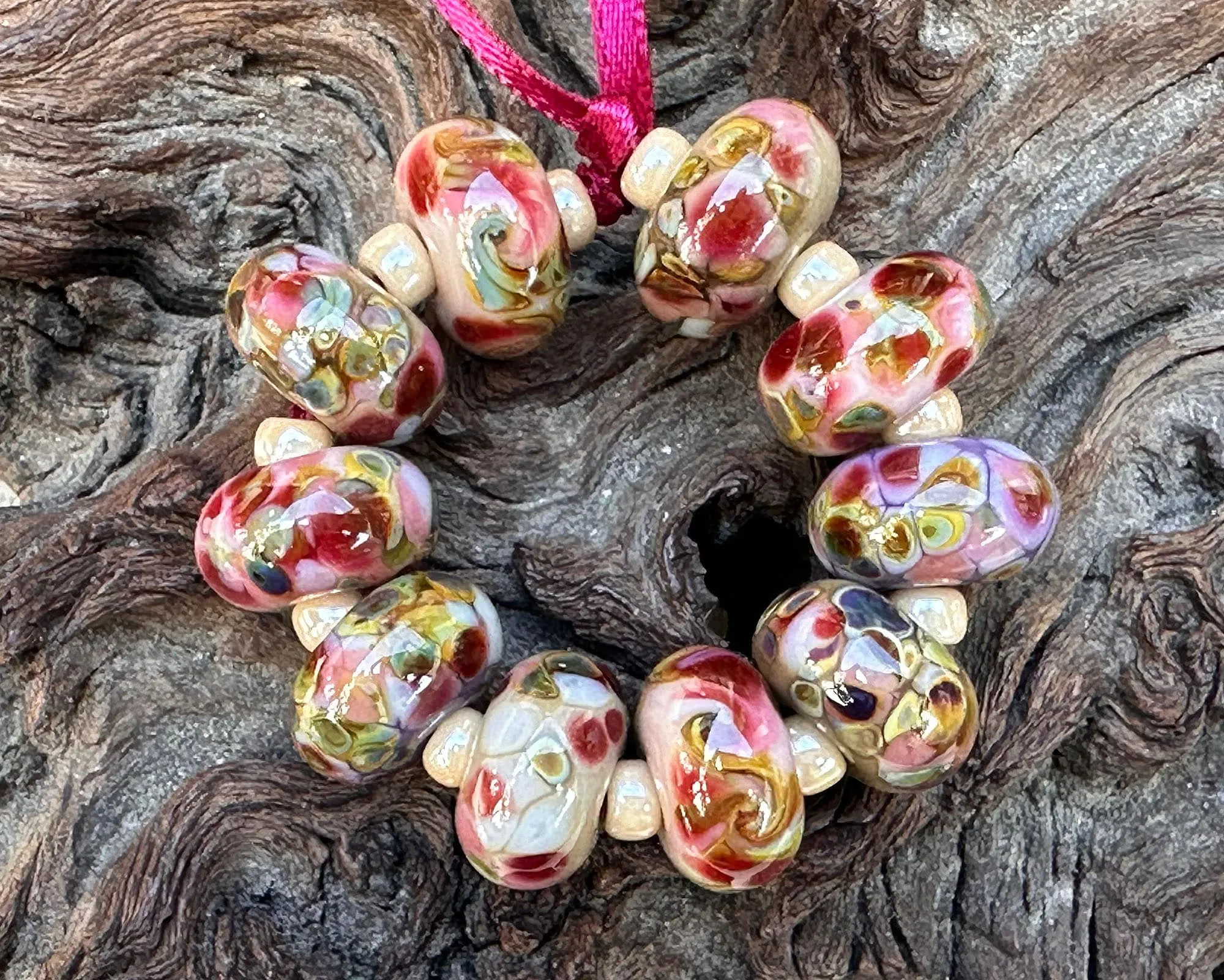 10 Autumn Rose Swirl Lampwork Beads Set SRA