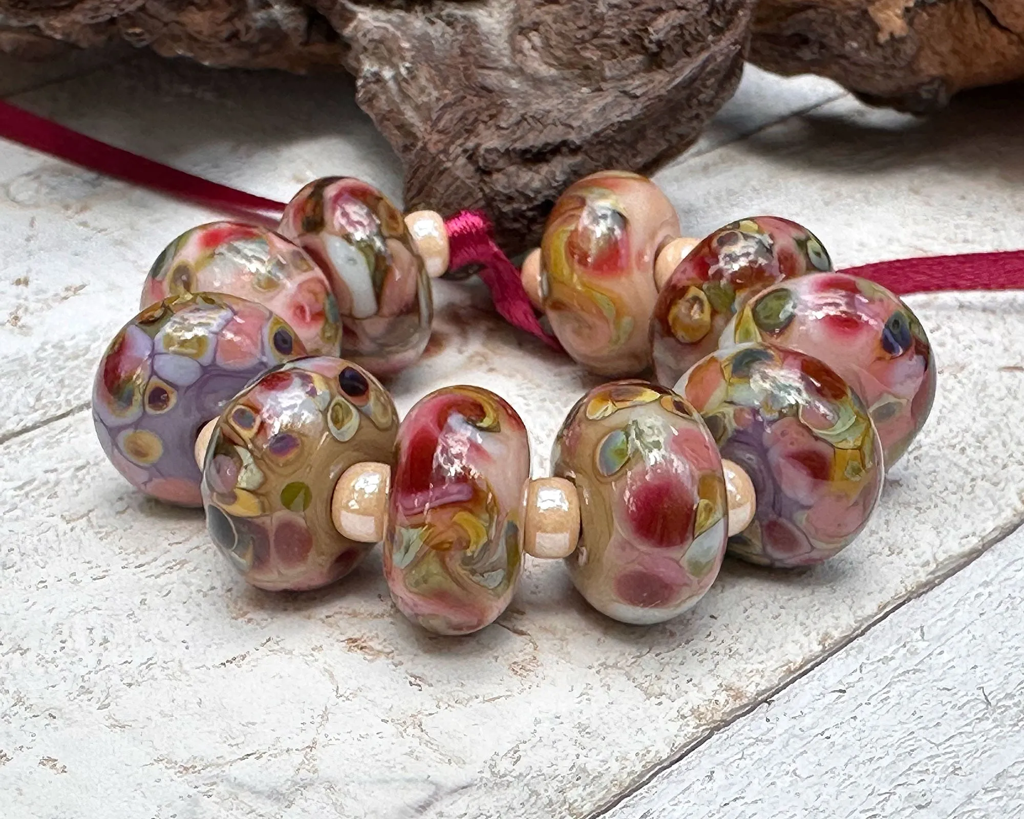 10 Autumn Rose Swirl Lampwork Beads Set SRA
