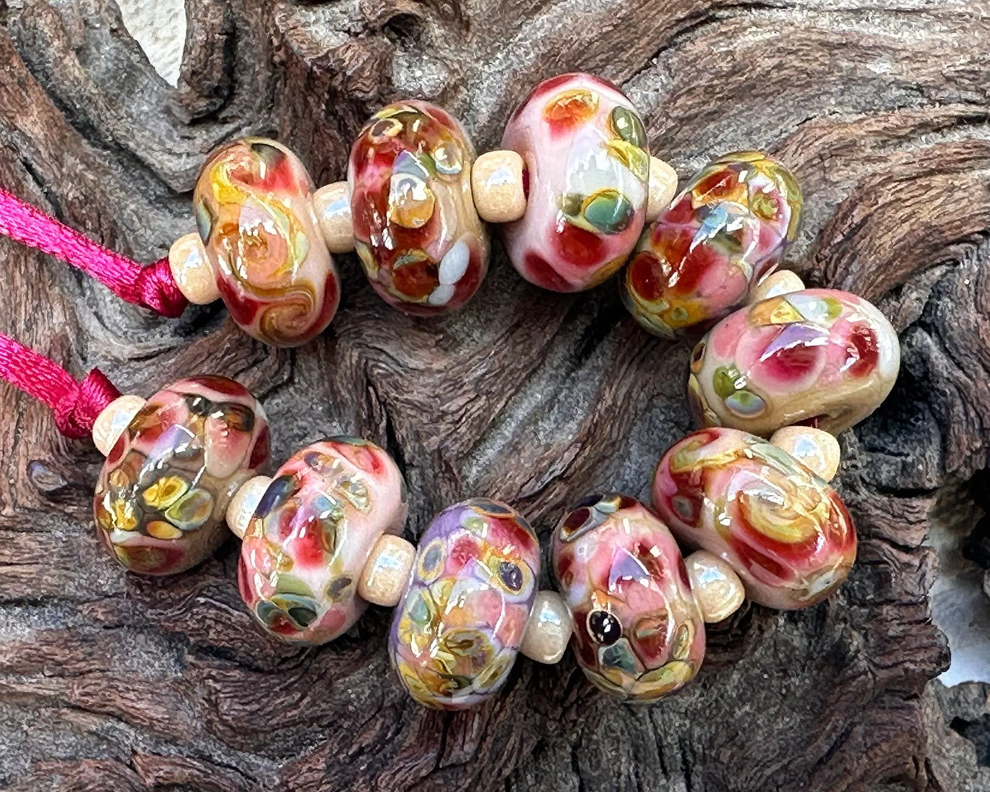10 Autumn Rose Swirl Lampwork Beads Set SRA