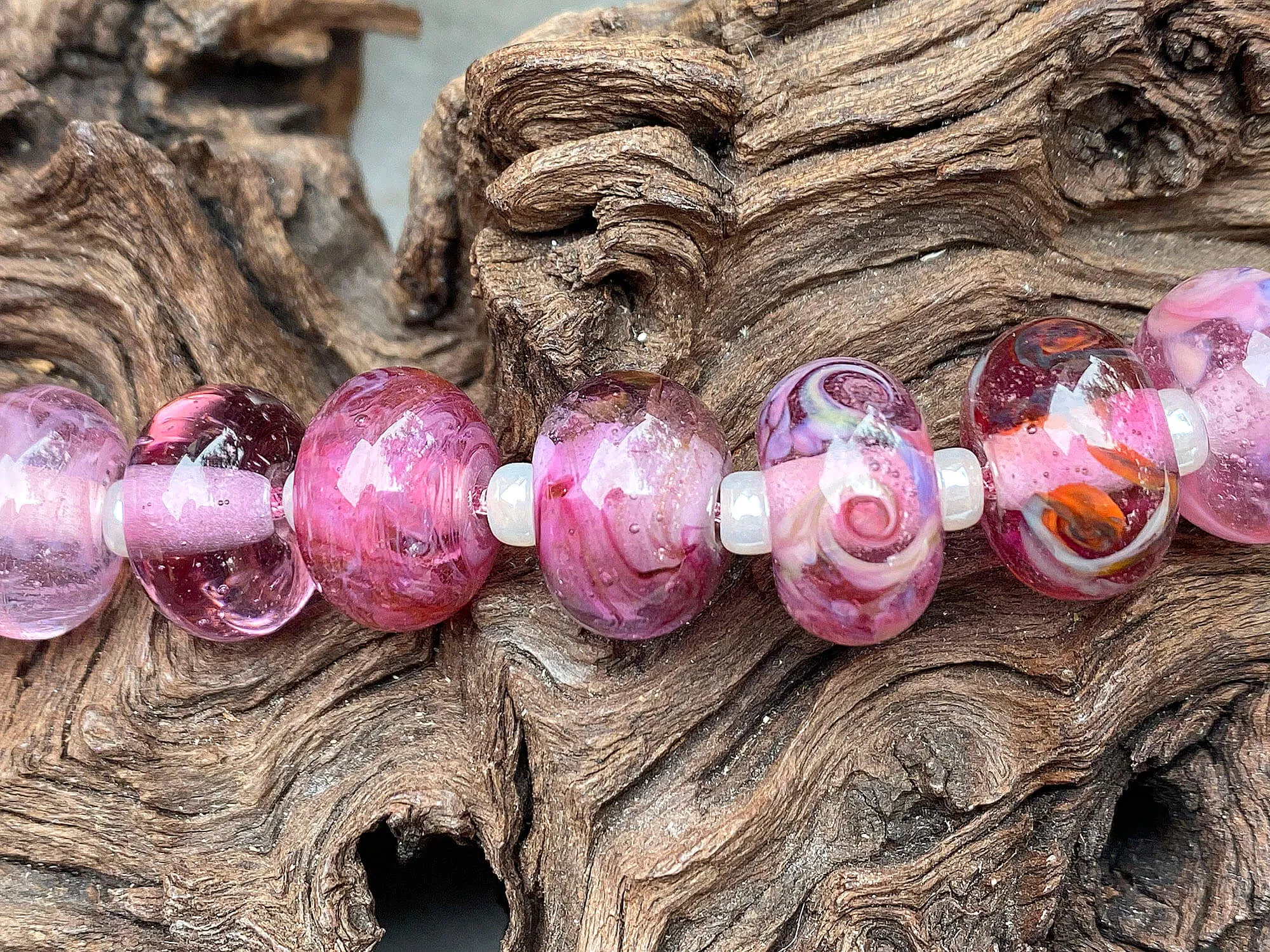10 Wild Berry Pink Shimmer Lampwork Beads Set SRA