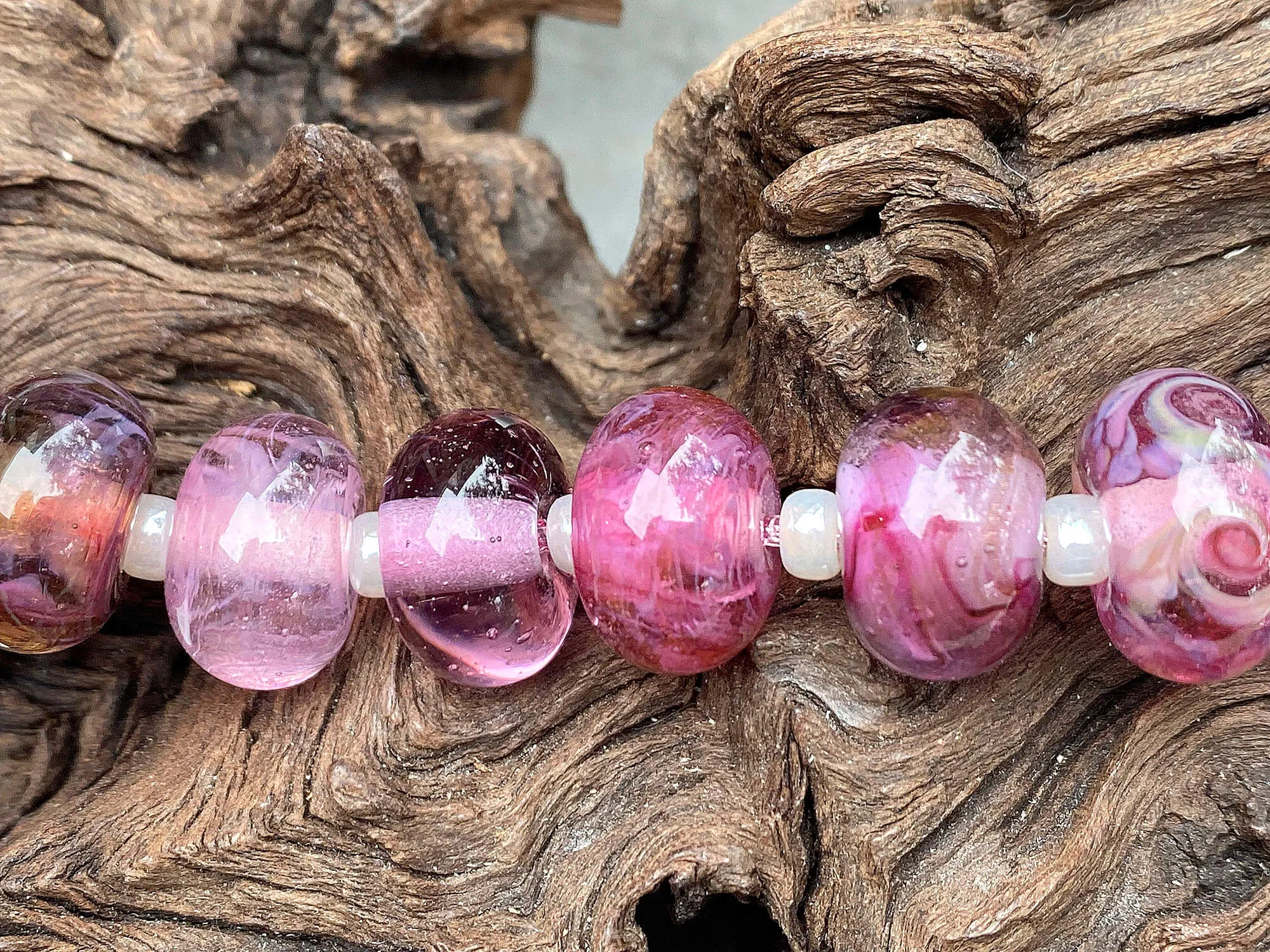 10 Wild Berry Pink Shimmer Lampwork Beads Set SRA