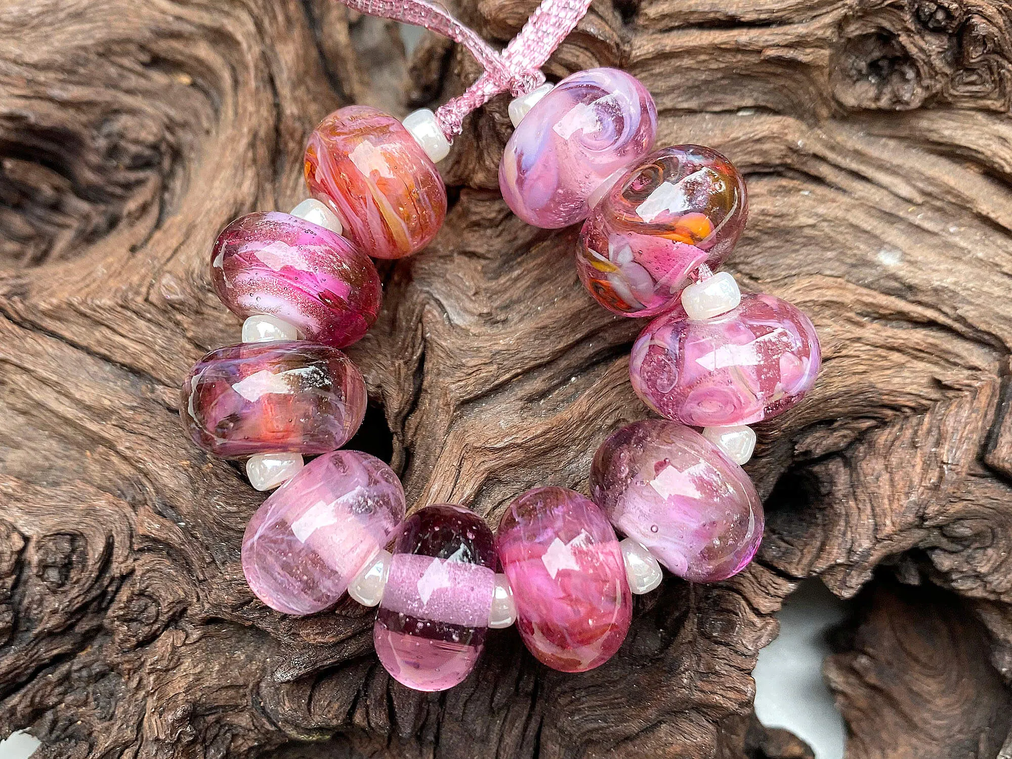 10 Wild Berry Pink Shimmer Lampwork Beads Set SRA