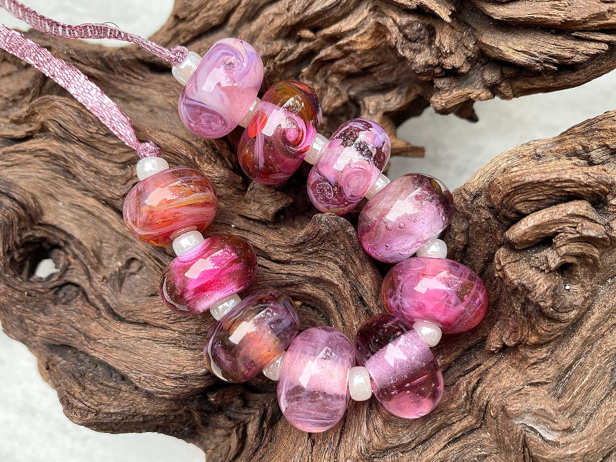 10 Wild Berry Pink Shimmer Lampwork Beads Set SRA