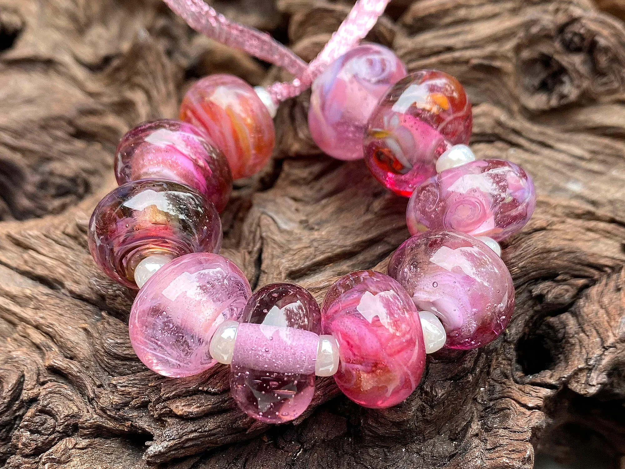 10 Wild Berry Pink Shimmer Lampwork Beads Set SRA