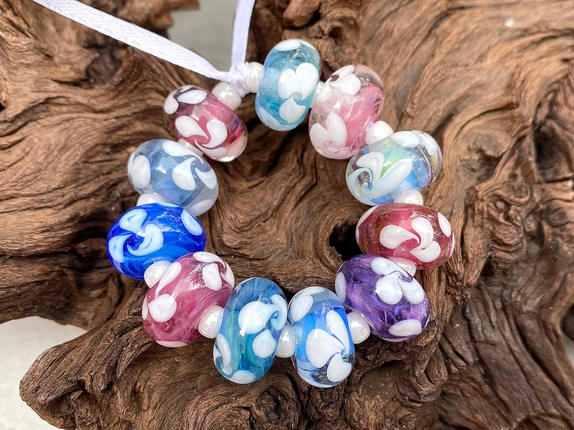11 Handmade Pastel Floral Lampwork Beads Set SRA