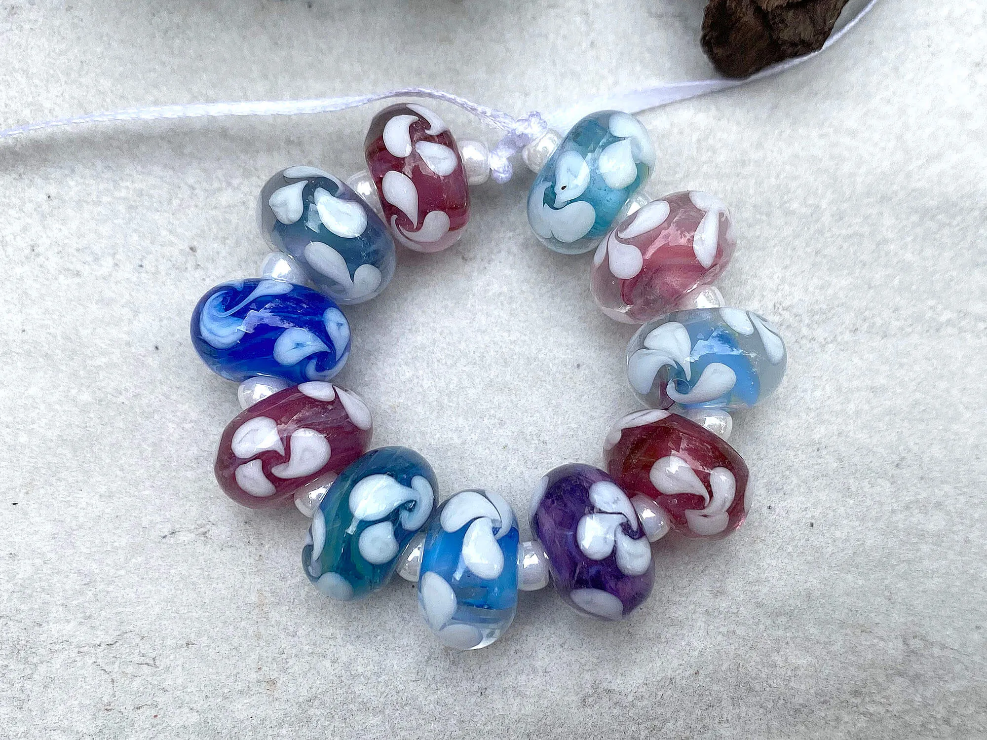 11 Handmade Pastel Floral Lampwork Beads Set SRA