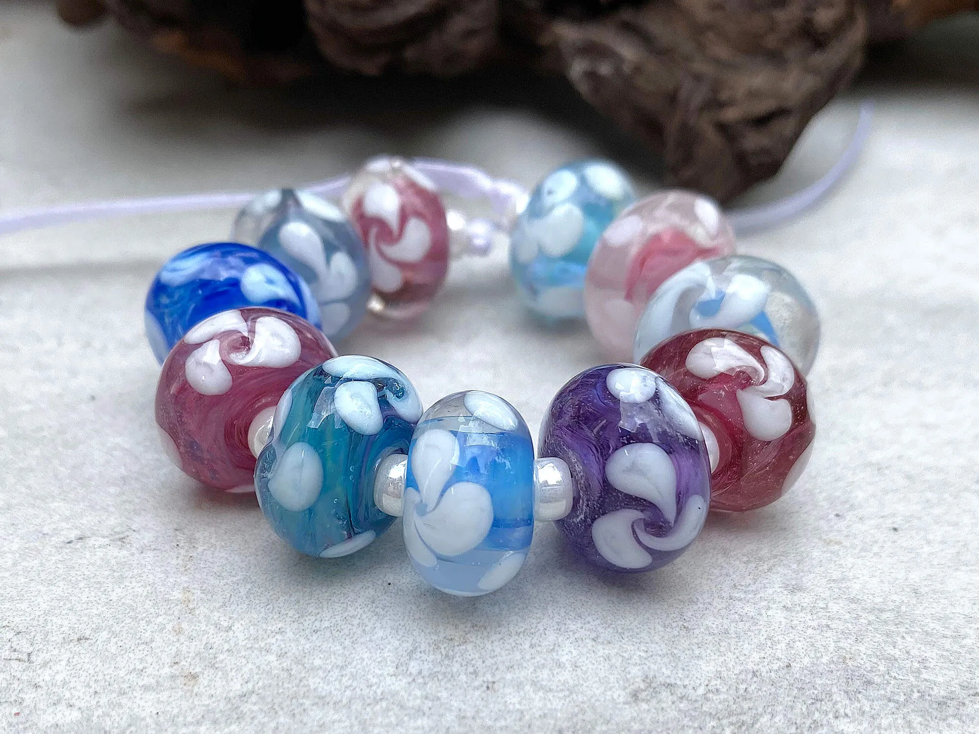 11 Handmade Pastel Floral Lampwork Beads Set SRA