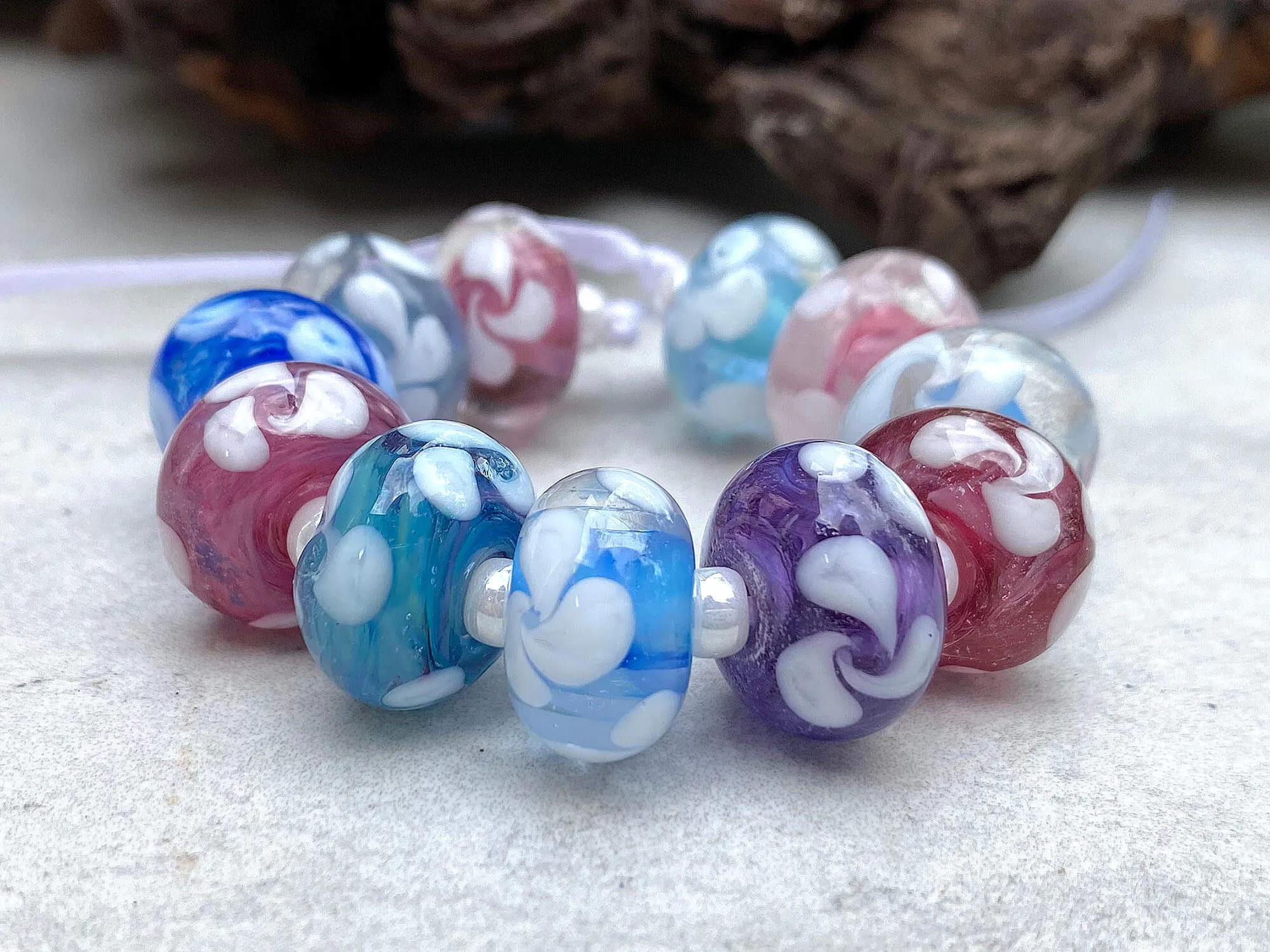 11 Handmade Pastel Floral Lampwork Beads Set SRA