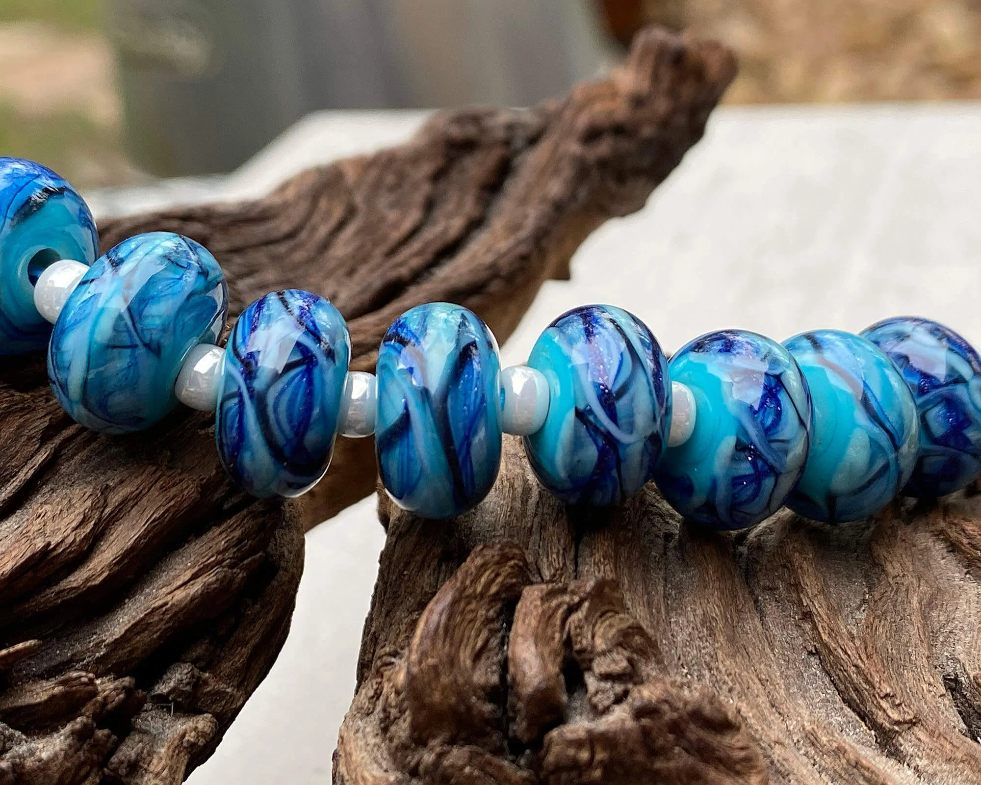 11 Ocean Blue Swirls Lampwork Beads Set SRA