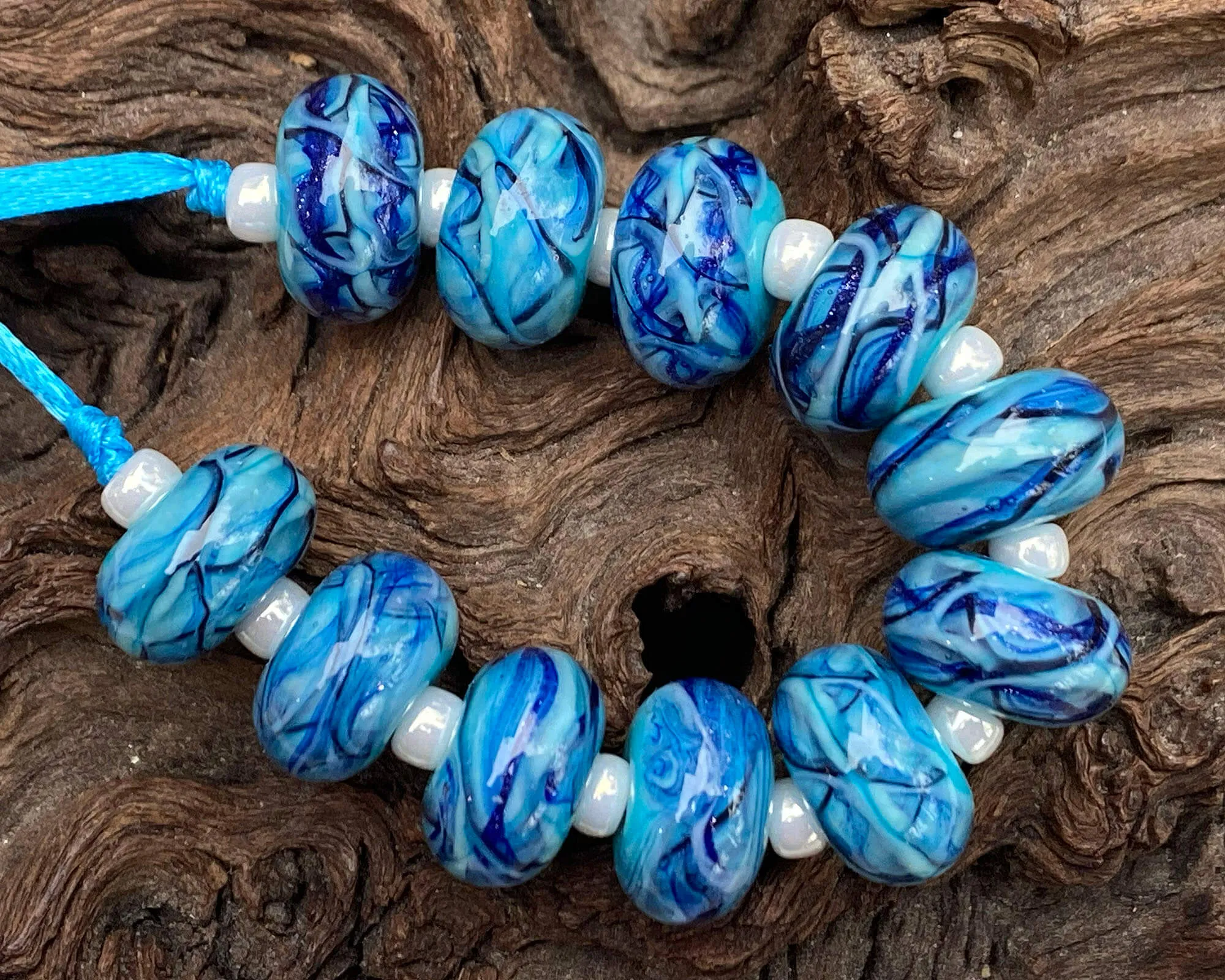 11 Ocean Blue Swirls Lampwork Beads Set SRA