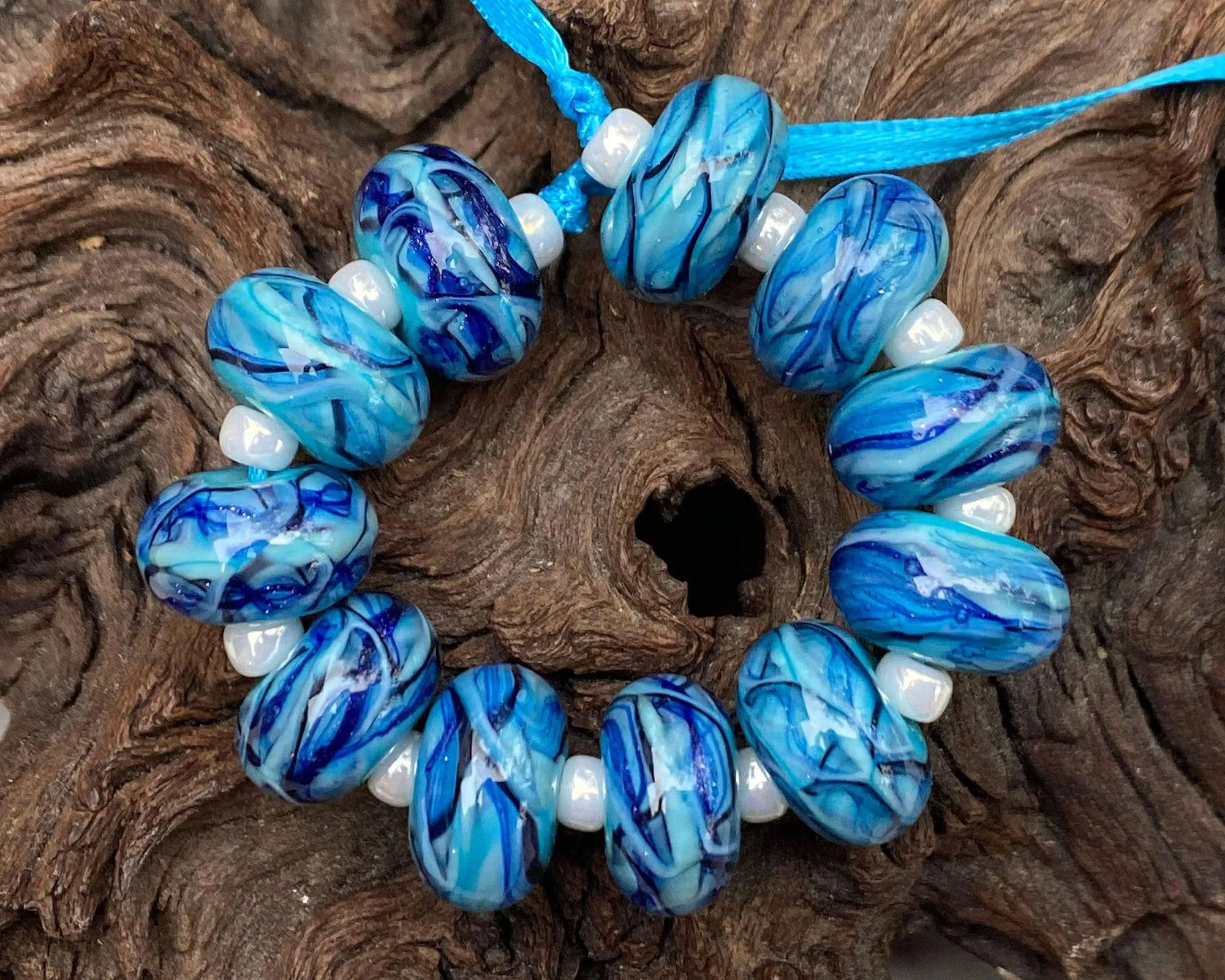 11 Ocean Blue Swirls Lampwork Beads Set SRA