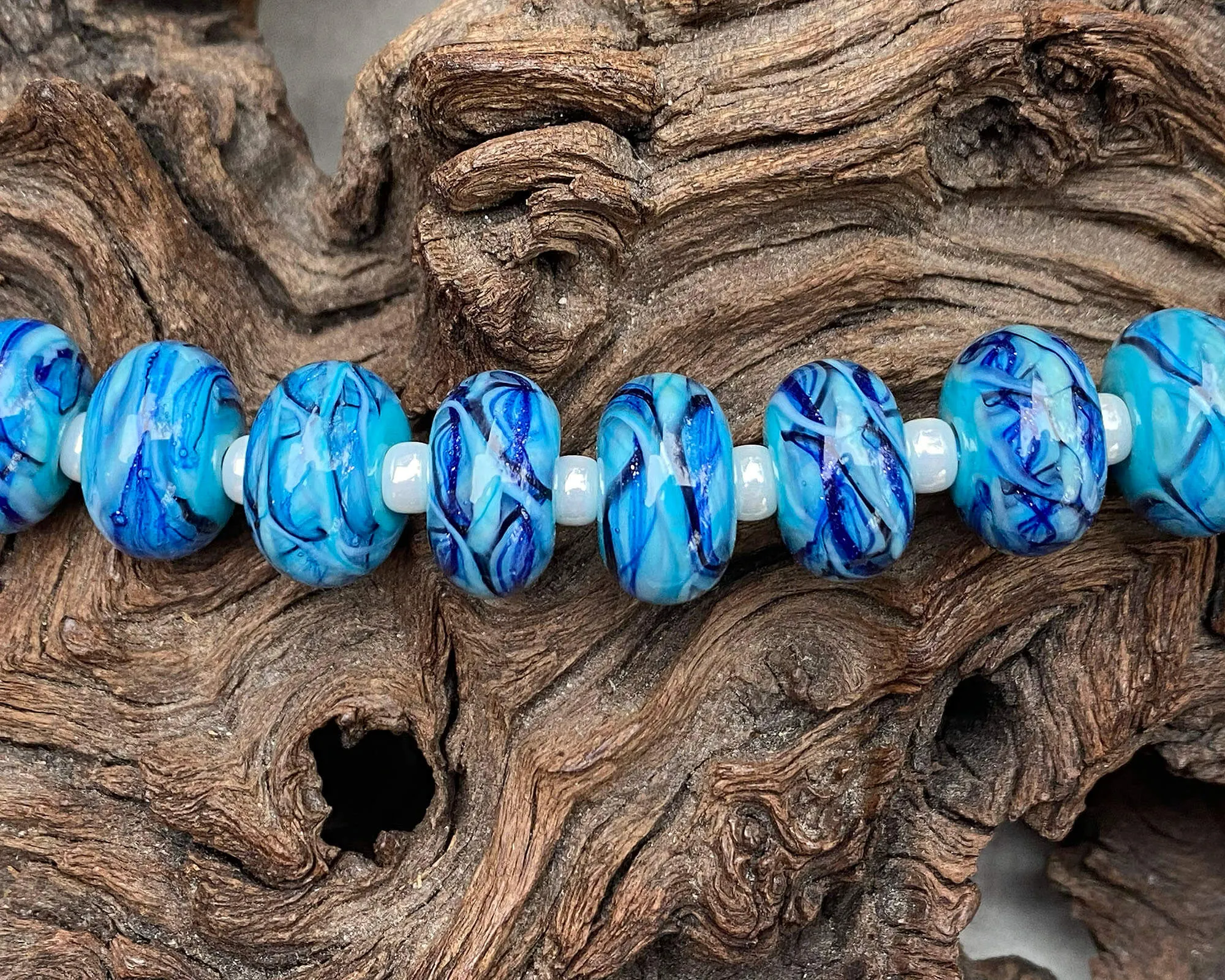 11 Ocean Blue Swirls Lampwork Beads Set SRA