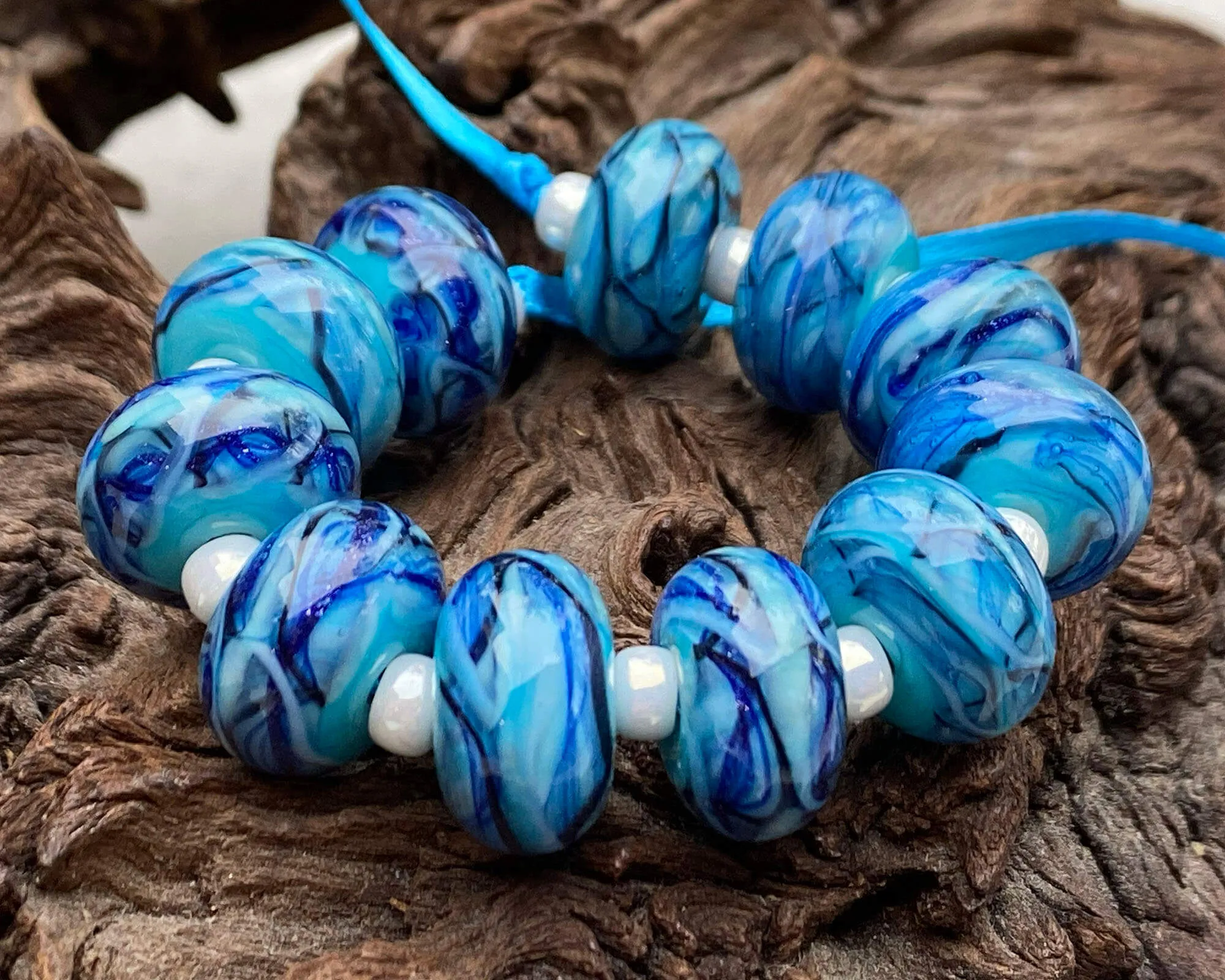 11 Ocean Blue Swirls Lampwork Beads Set SRA