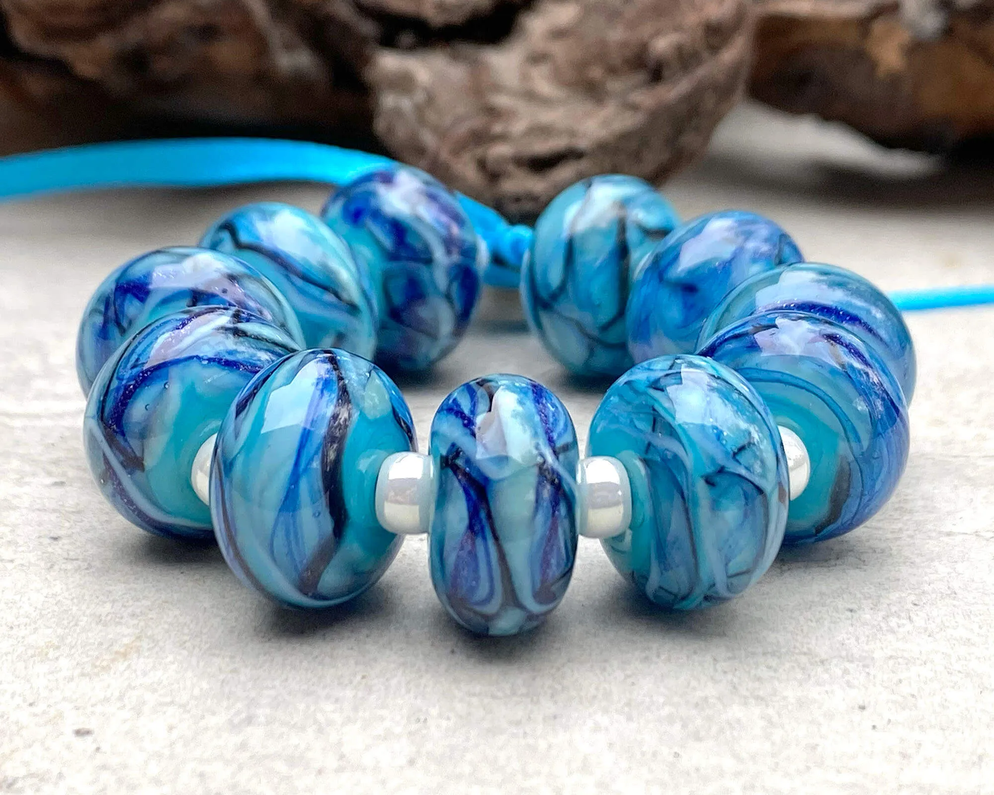 11 Ocean Blue Swirls Lampwork Beads Set SRA