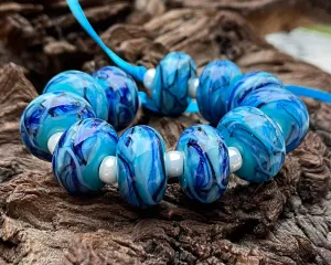 11 Ocean Blue Swirls Lampwork Beads Set SRA