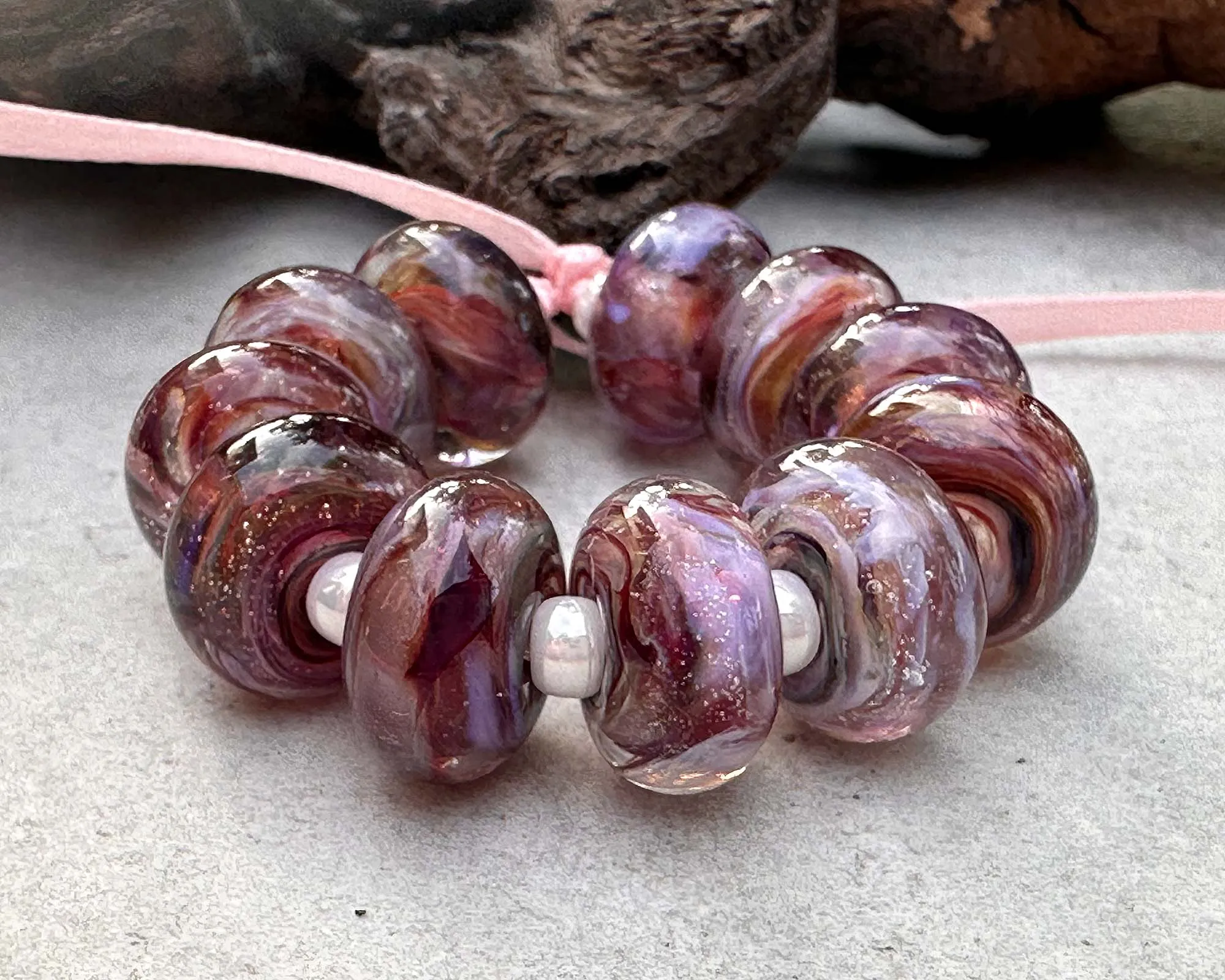 11 Pink Sunset Swirl Lampwork Beads Set SRA