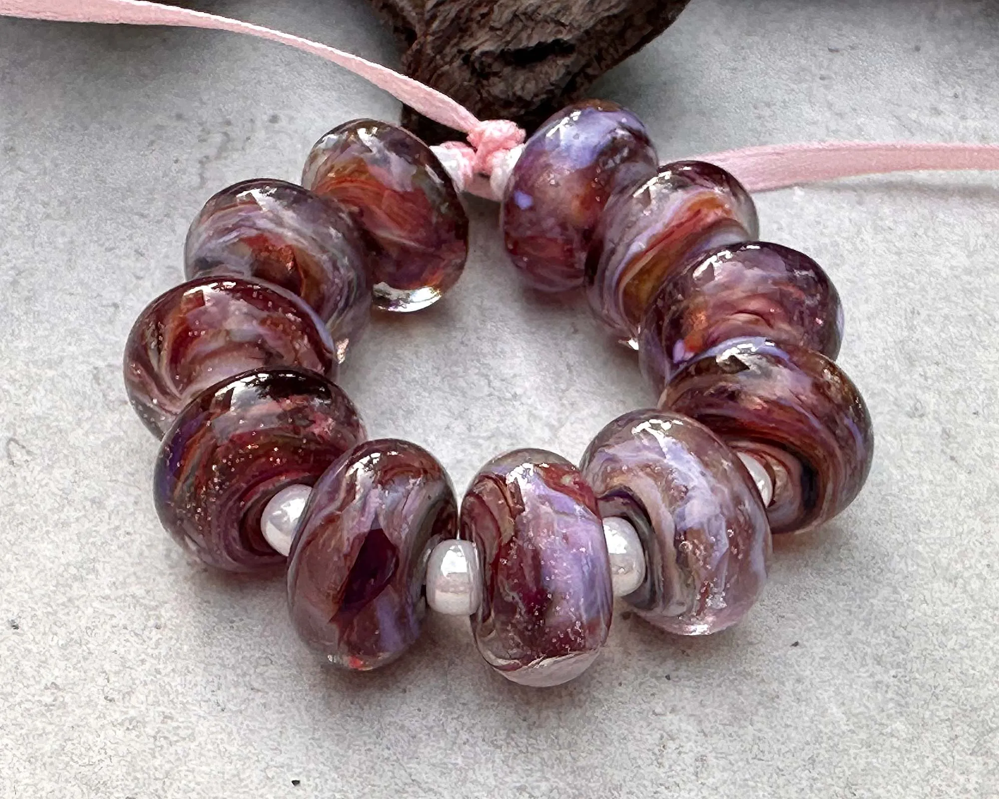 11 Pink Sunset Swirl Lampwork Beads Set SRA