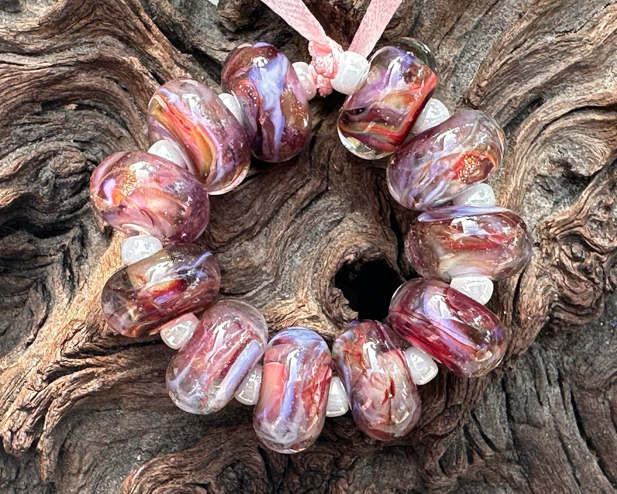 11 Pink Sunset Swirl Lampwork Beads Set SRA
