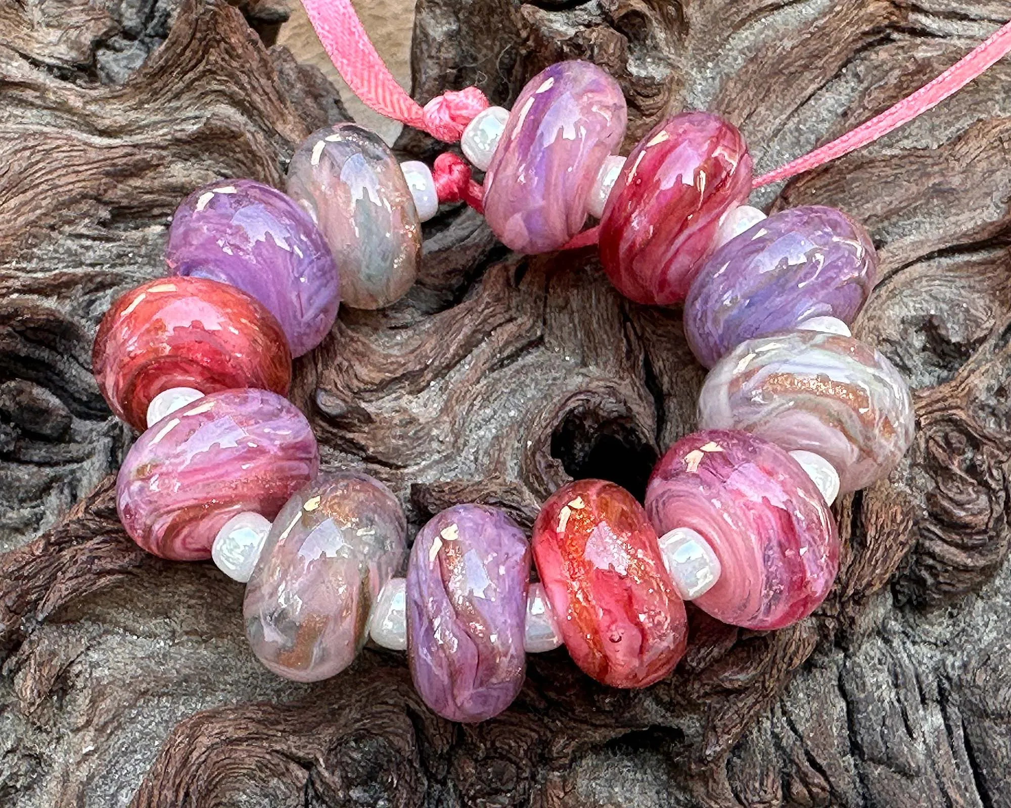12 Pink Swirl Mix Lampwork Beads Mix SRA