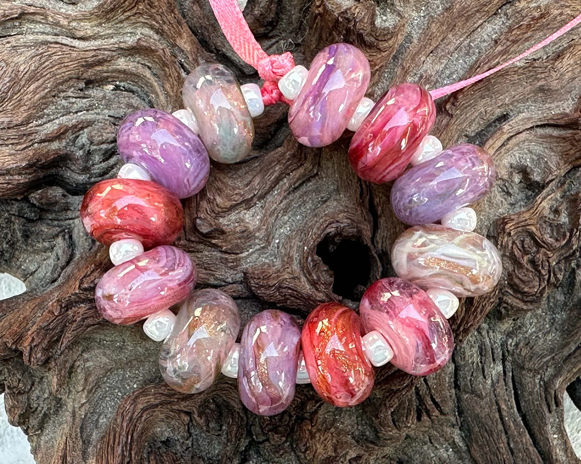 12 Pink Swirl Mix Lampwork Beads Mix SRA