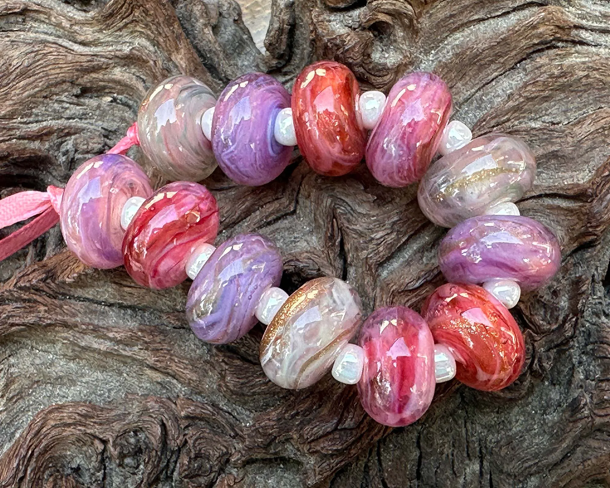 12 Pink Swirl Mix Lampwork Beads Mix SRA