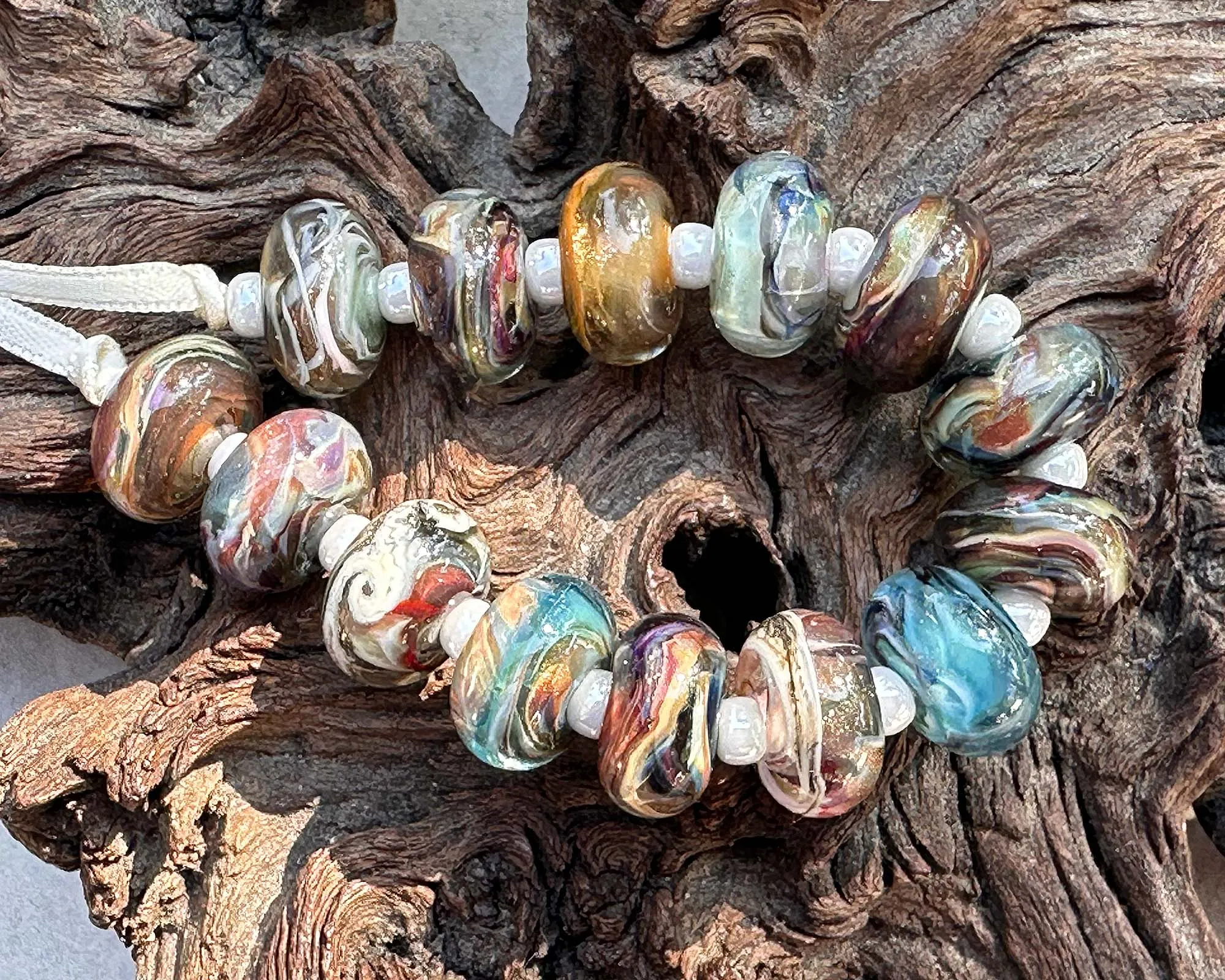 14 Blue Brown Swirl Lampwork Beads Set SRA