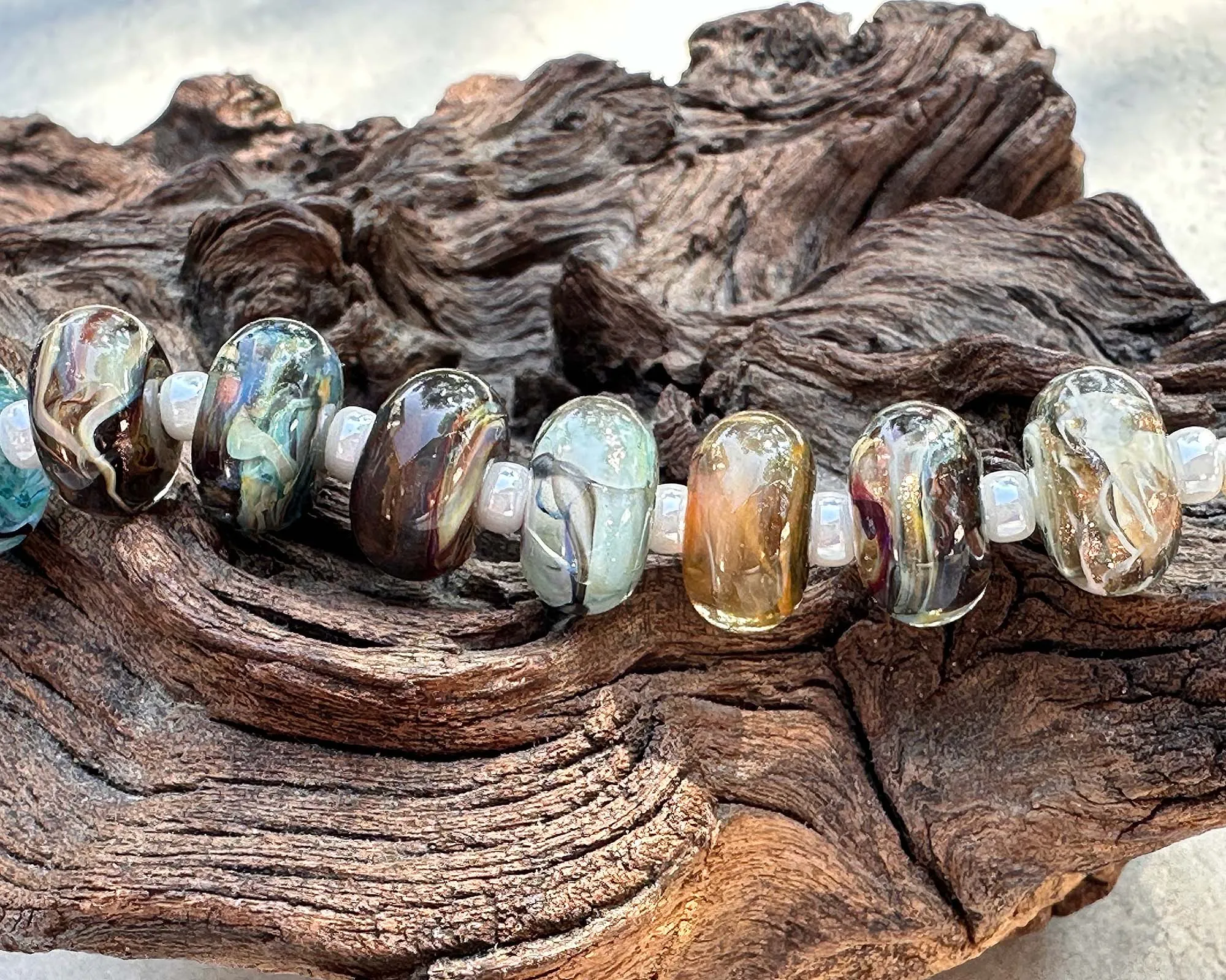 14 Blue Brown Swirl Lampwork Beads Set SRA