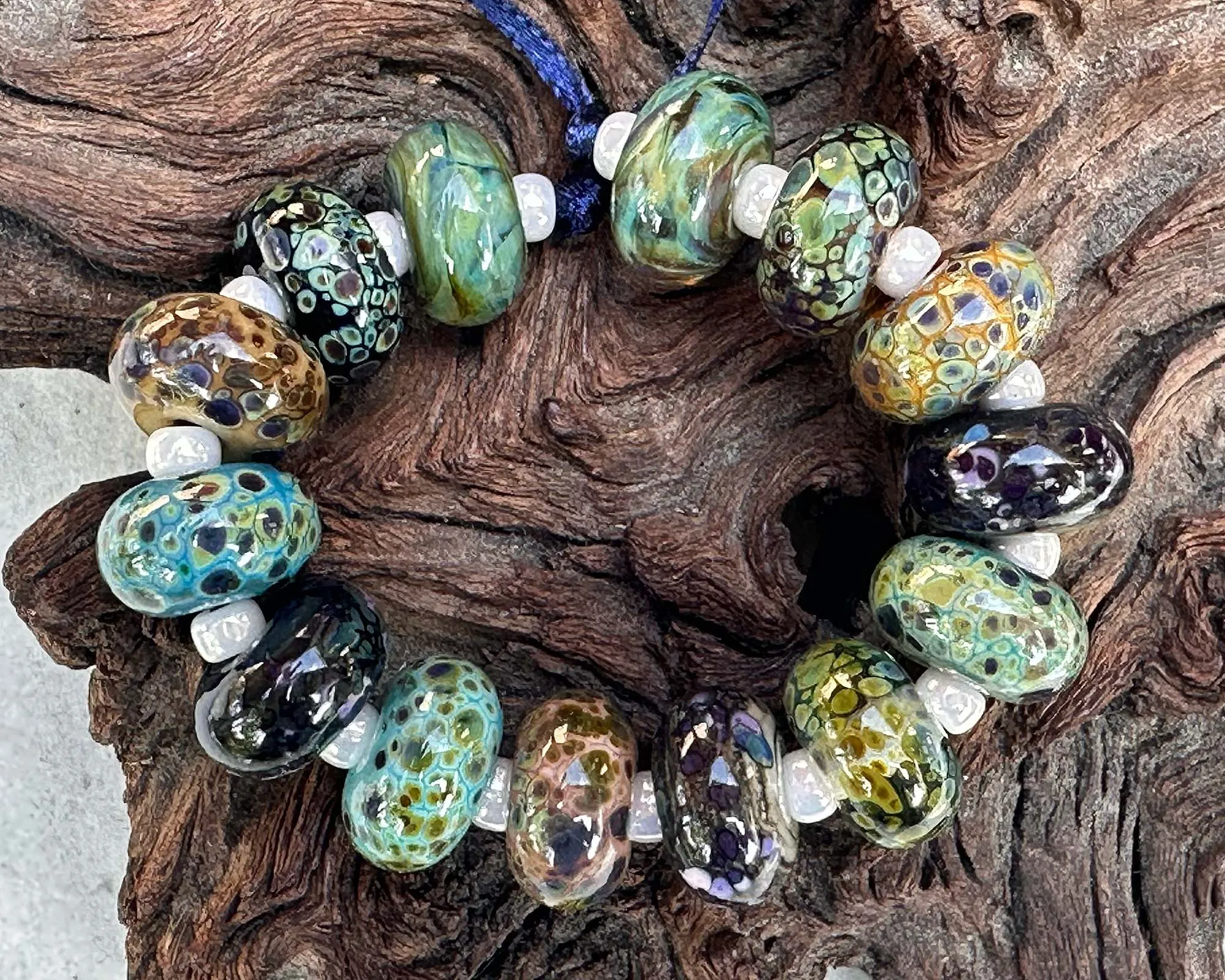 14 Blue Green Organic Mix Lampwork Beads Set SRA