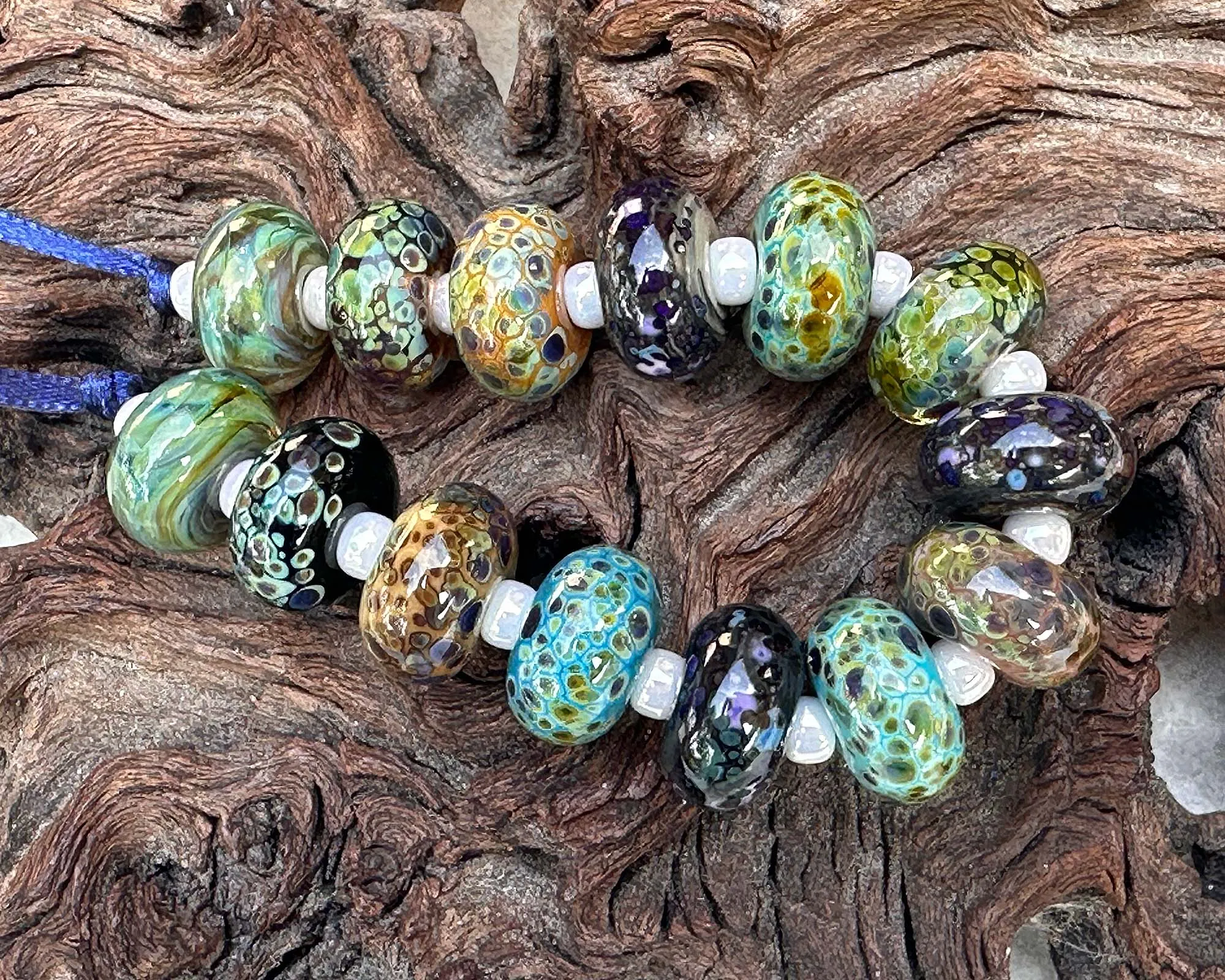 14 Blue Green Organic Mix Lampwork Beads Set SRA
