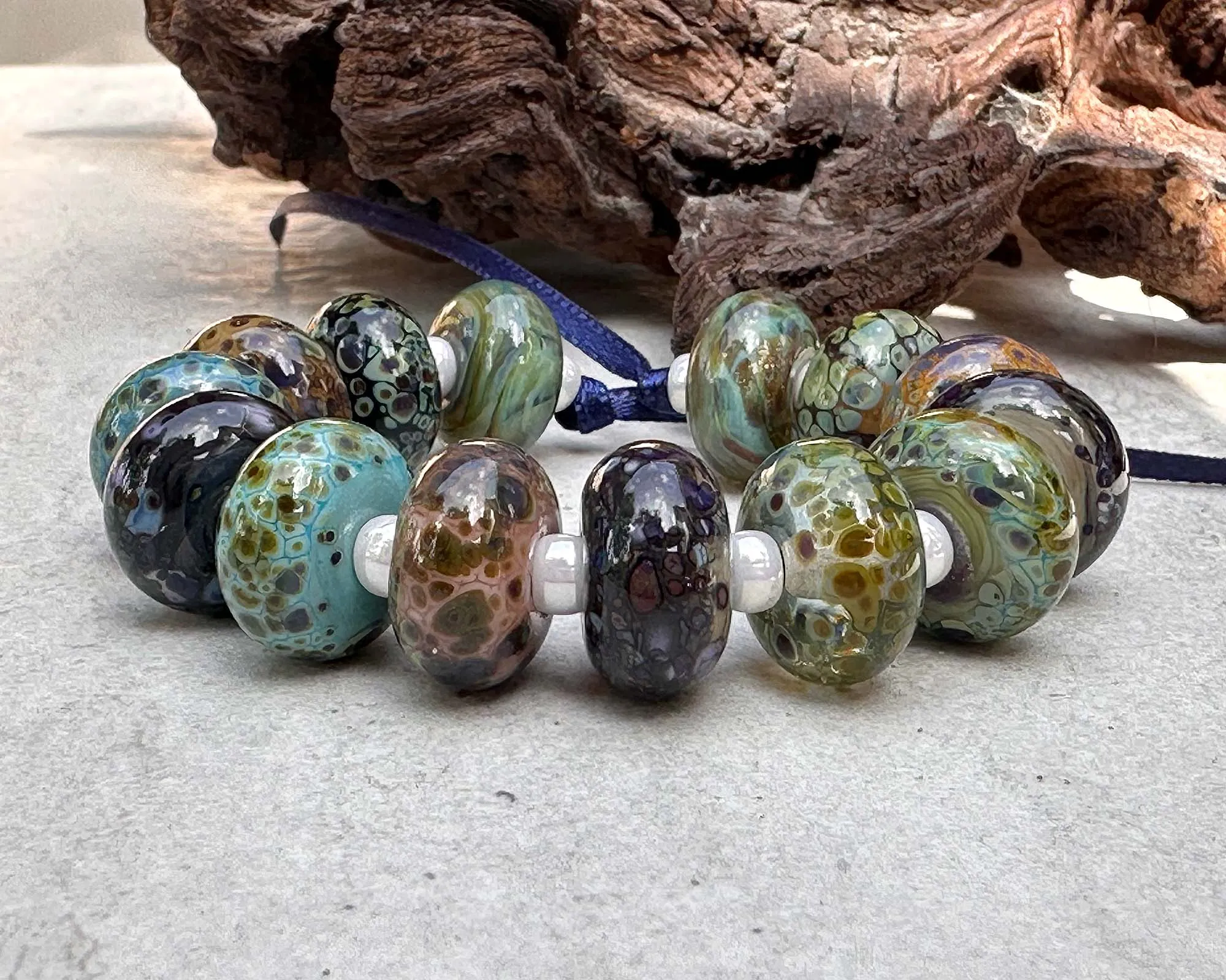 14 Blue Green Organic Mix Lampwork Beads Set SRA