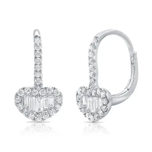 14k Gold 0.17Ct Baguette, 0.34Ct Round Diamond Dangle Heart Earring, Available in White, Rose and Yellow Gold