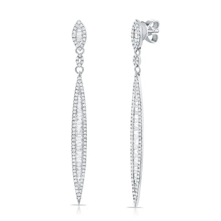 14k Gold 0.70Ct (61) Baguette diamond, 0.60Ct (180) Round Diamond Earring, available in White, Rose and Yellow Gold