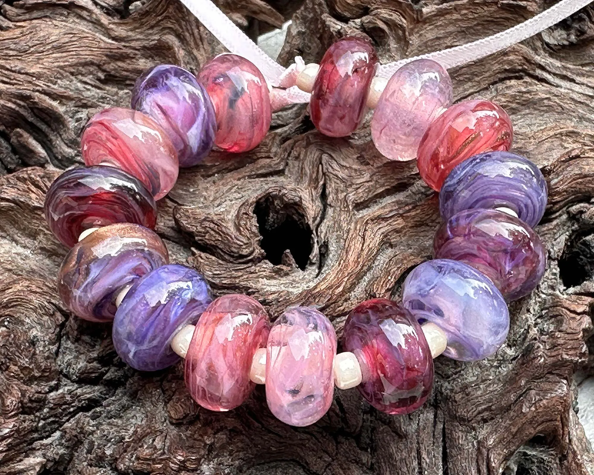 15 Pink &  Purple Swirls Lampwork Beads Set SRA