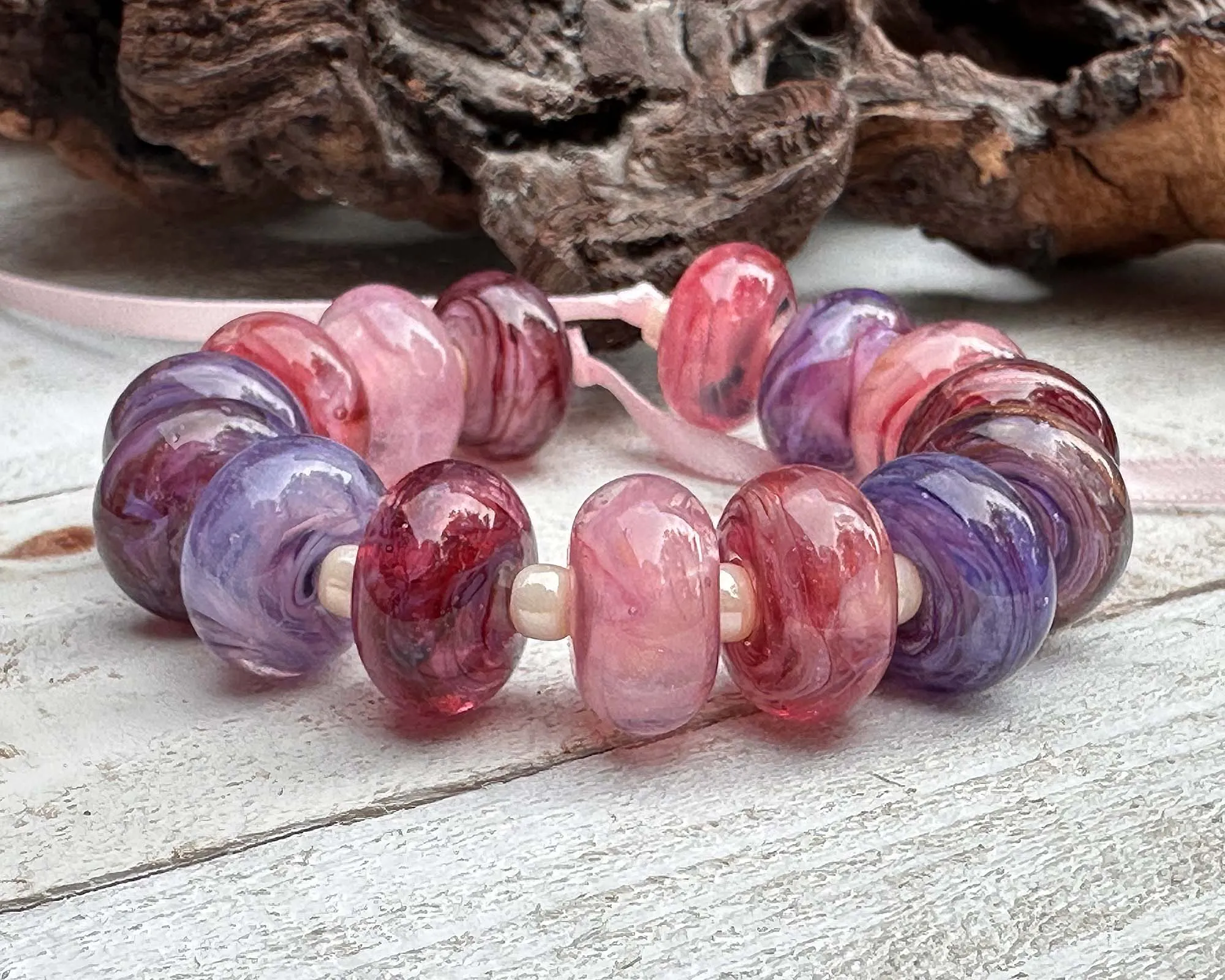 15 Pink &  Purple Swirls Lampwork Beads Set SRA