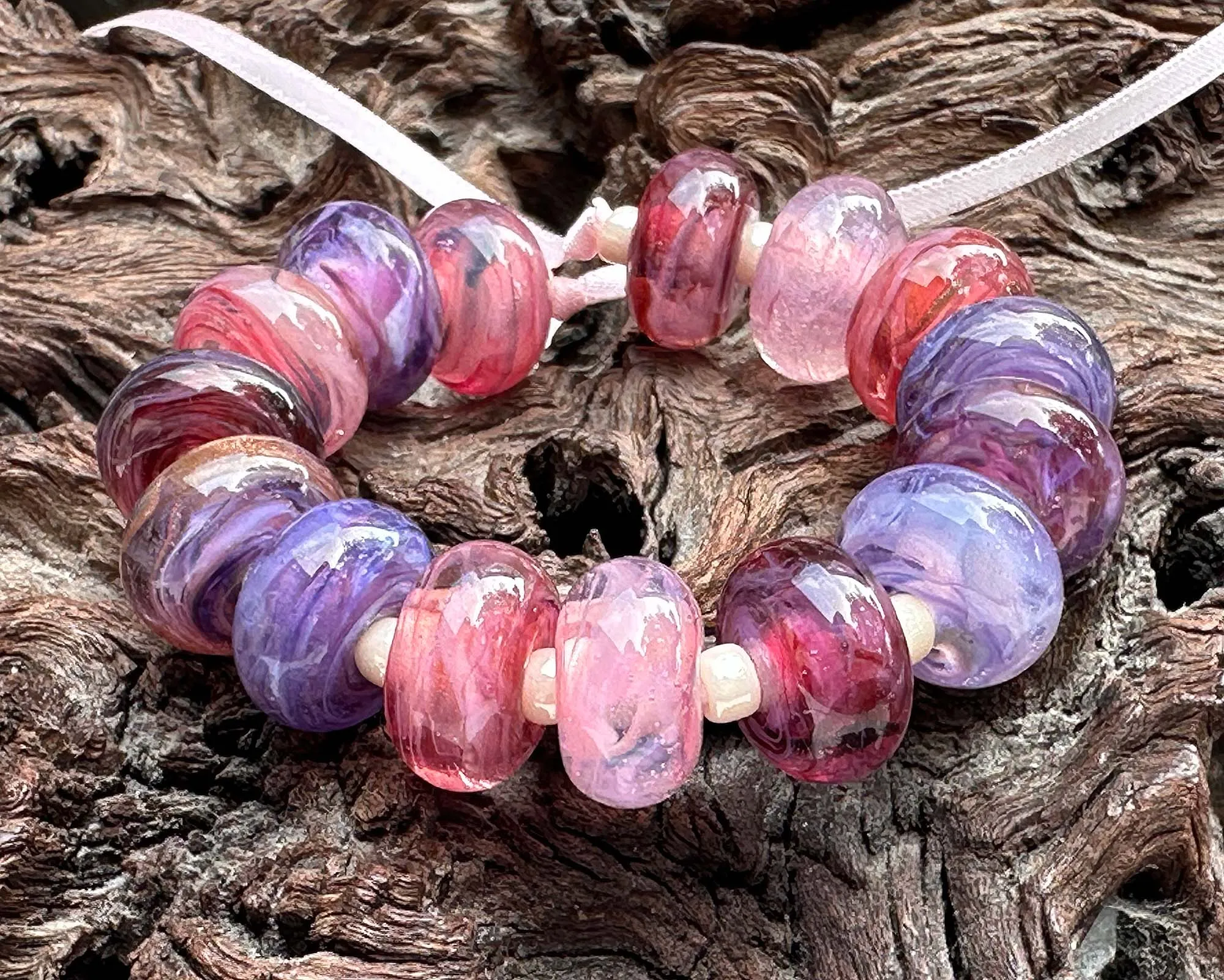 15 Pink &  Purple Swirls Lampwork Beads Set SRA