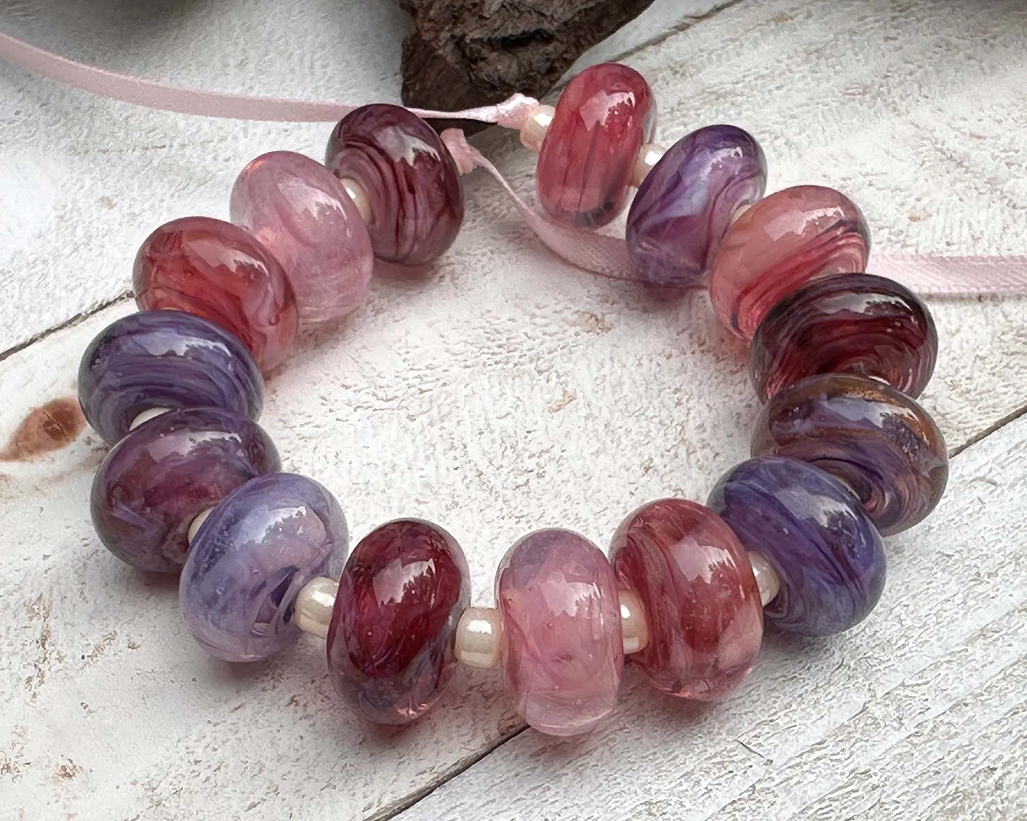 15 Pink &  Purple Swirls Lampwork Beads Set SRA