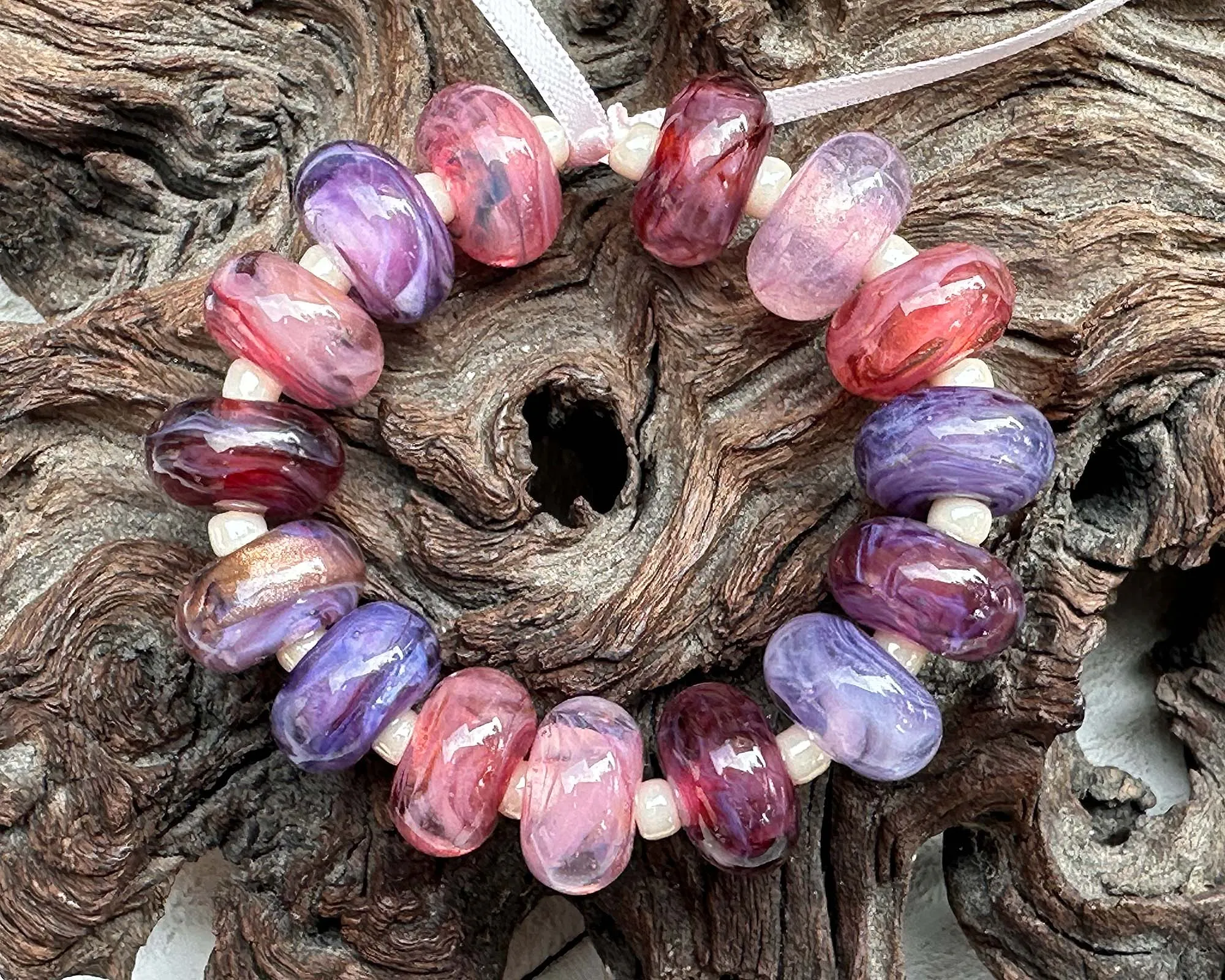 15 Pink &  Purple Swirls Lampwork Beads Set SRA