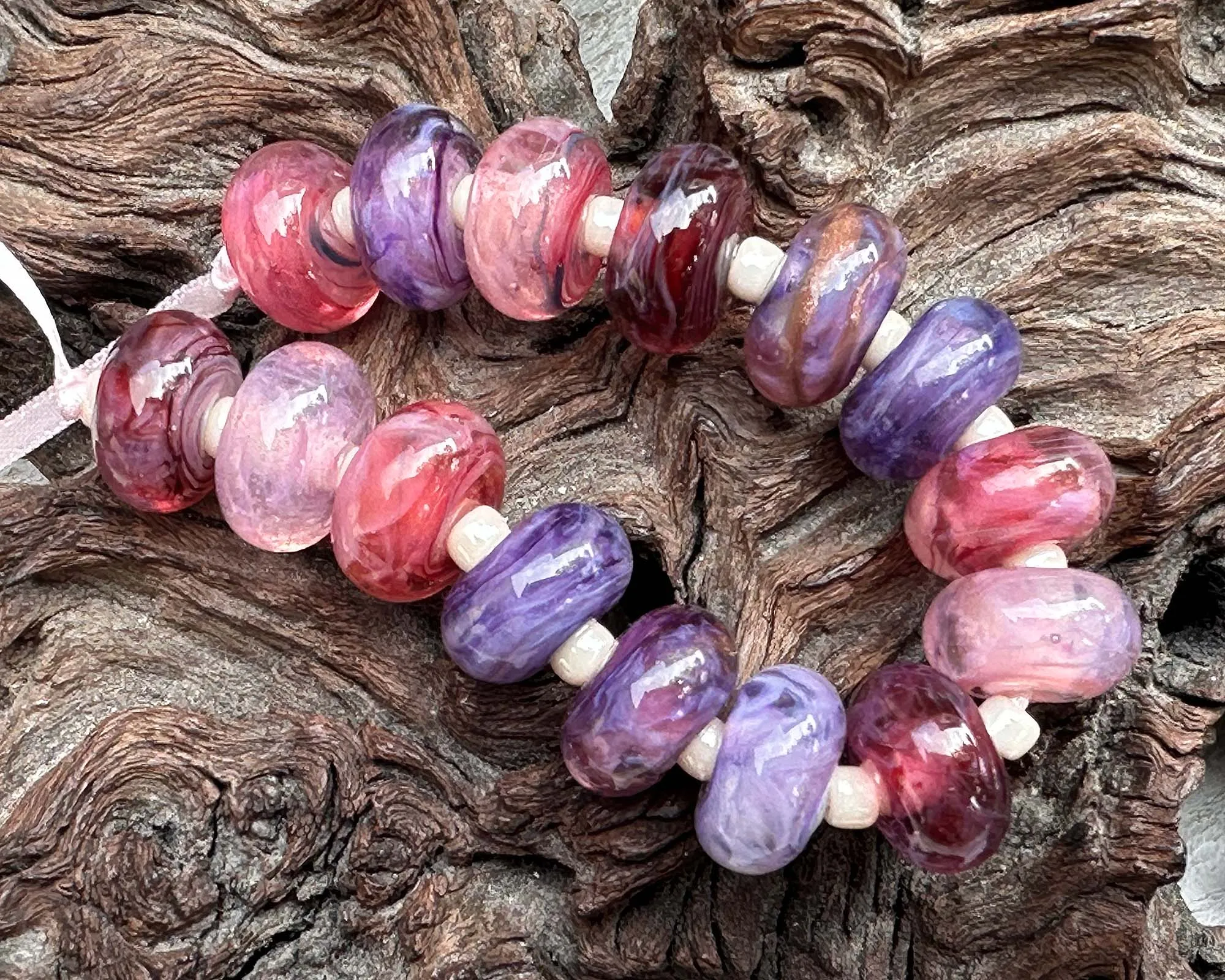 15 Pink &  Purple Swirls Lampwork Beads Set SRA