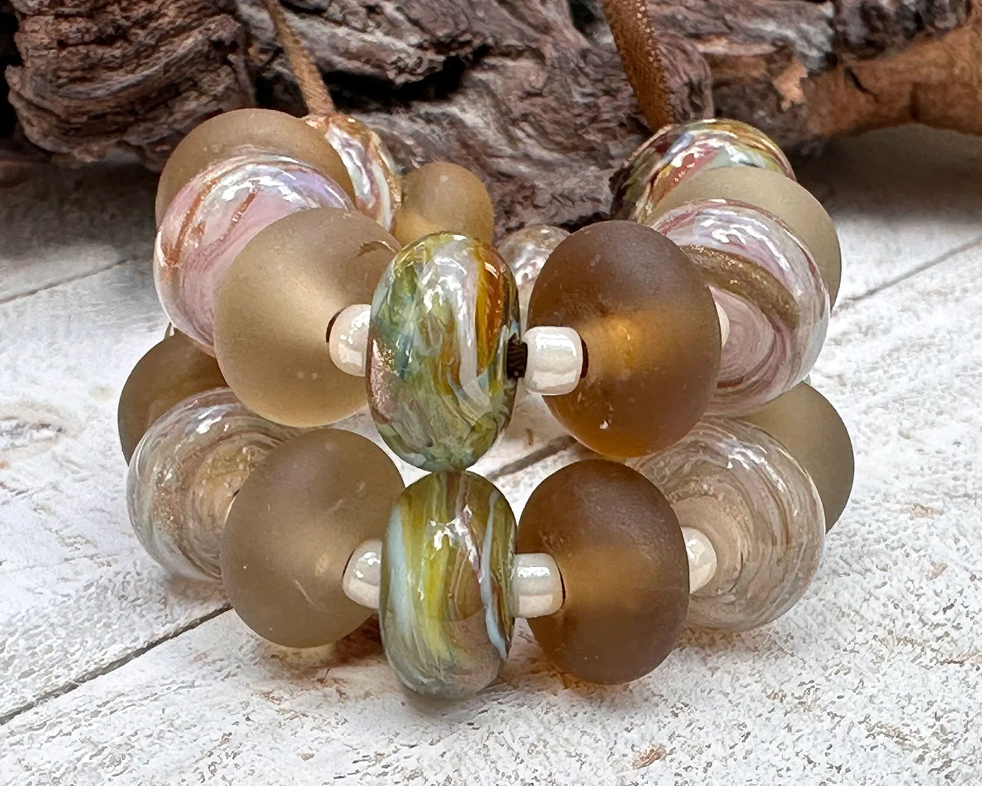 21 Green Topaz Swirl Lampwork Beads Set SRA