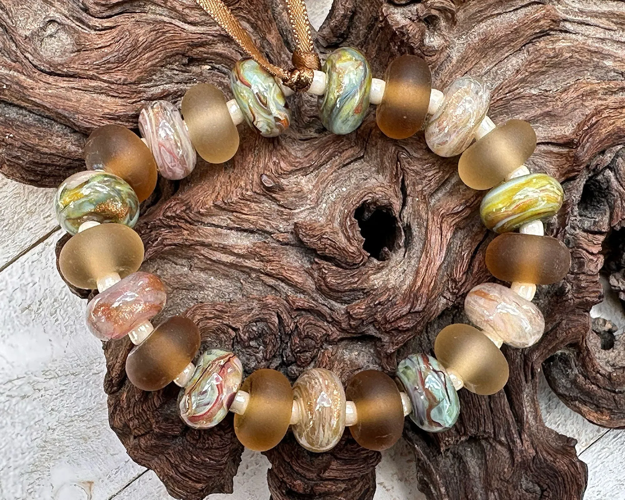 21 Green Topaz Swirl Lampwork Beads Set SRA