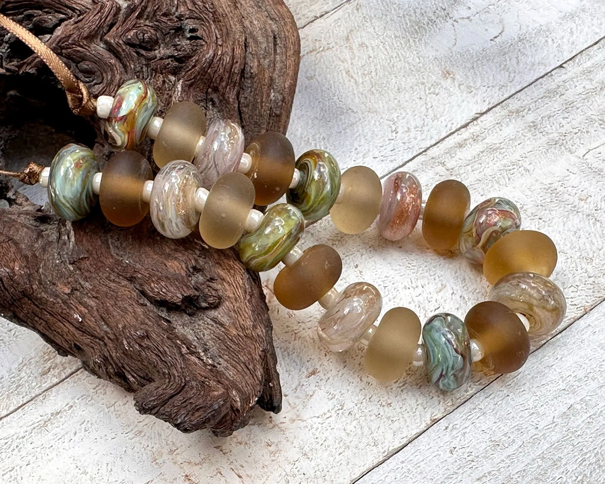 21 Green Topaz Swirl Lampwork Beads Set SRA