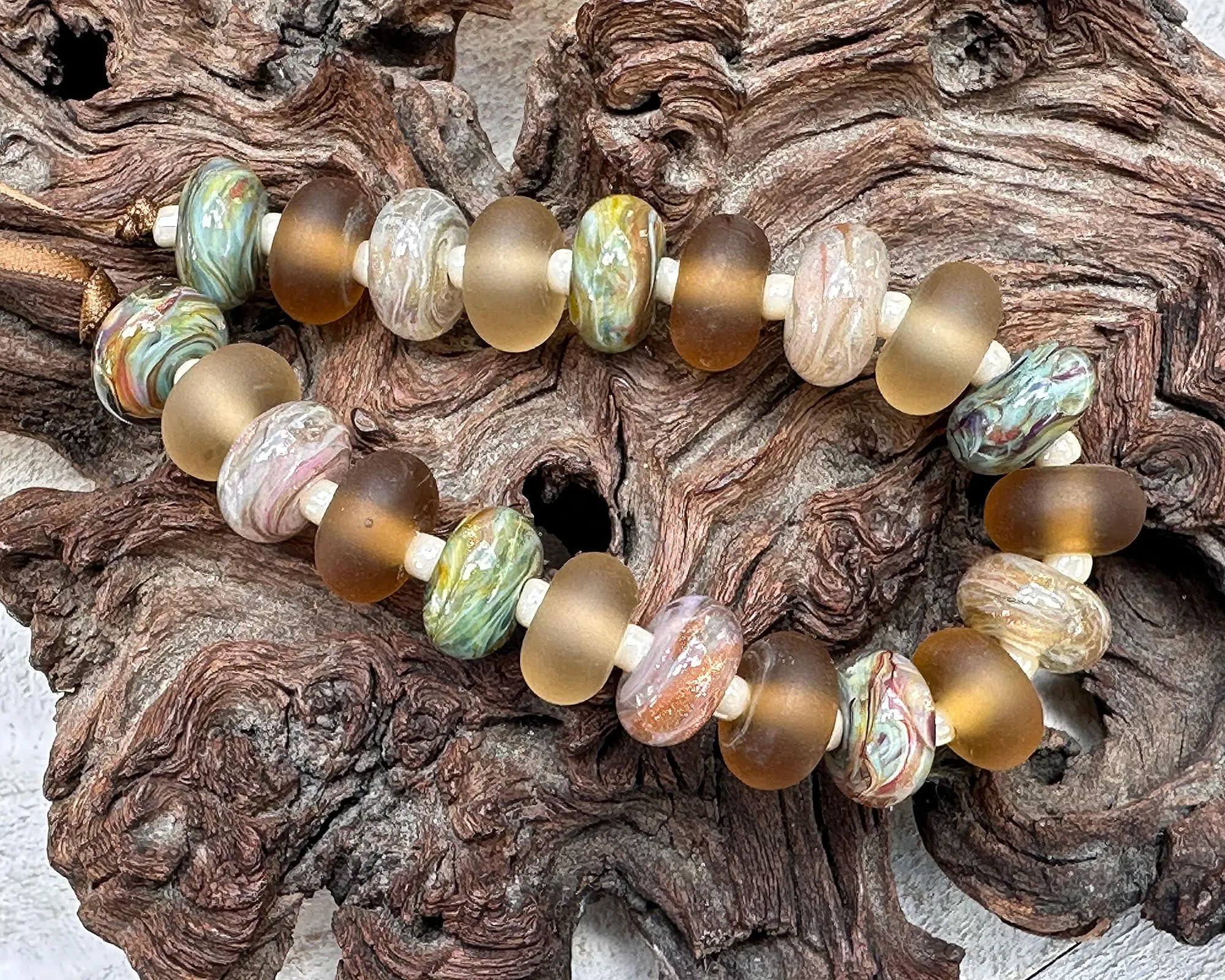 21 Green Topaz Swirl Lampwork Beads Set SRA