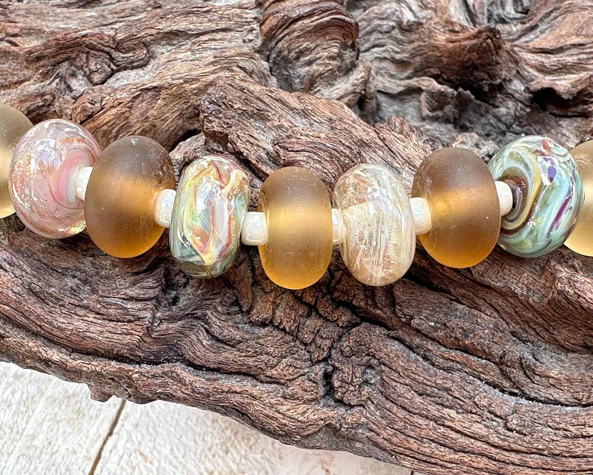 21 Green Topaz Swirl Lampwork Beads Set SRA