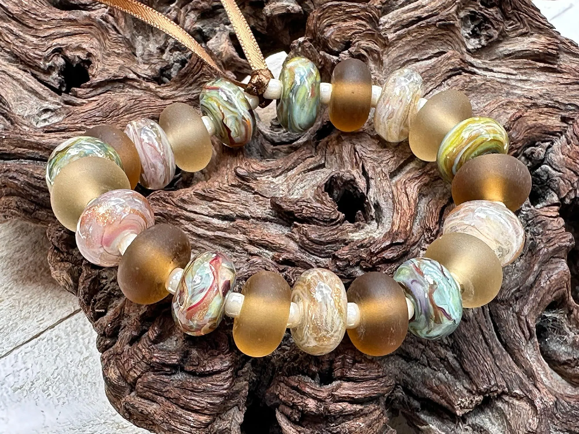 21 Green Topaz Swirl Lampwork Beads Set SRA