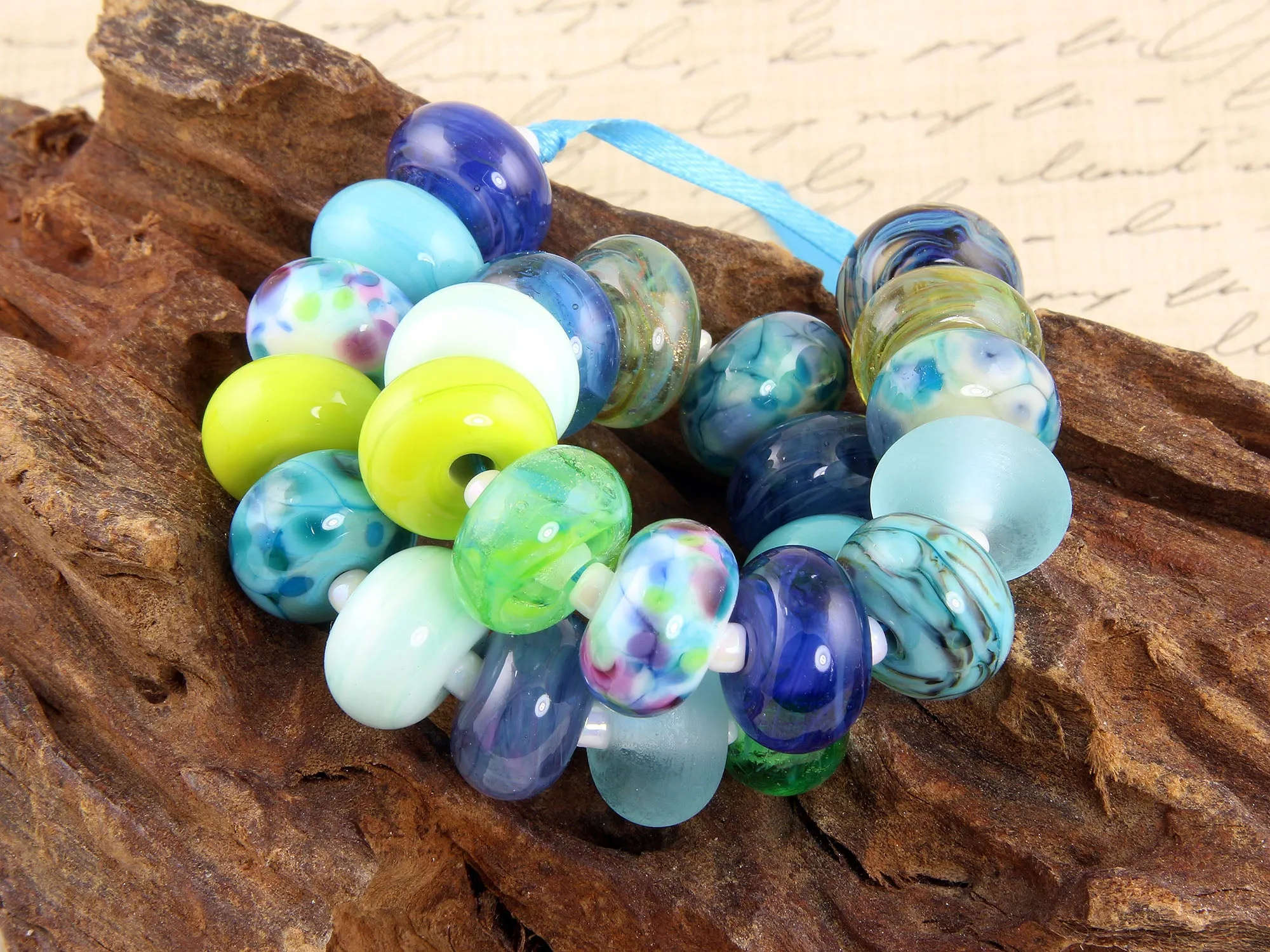 24 Handmade Ocean Blue Green Lampwork Beads SRA