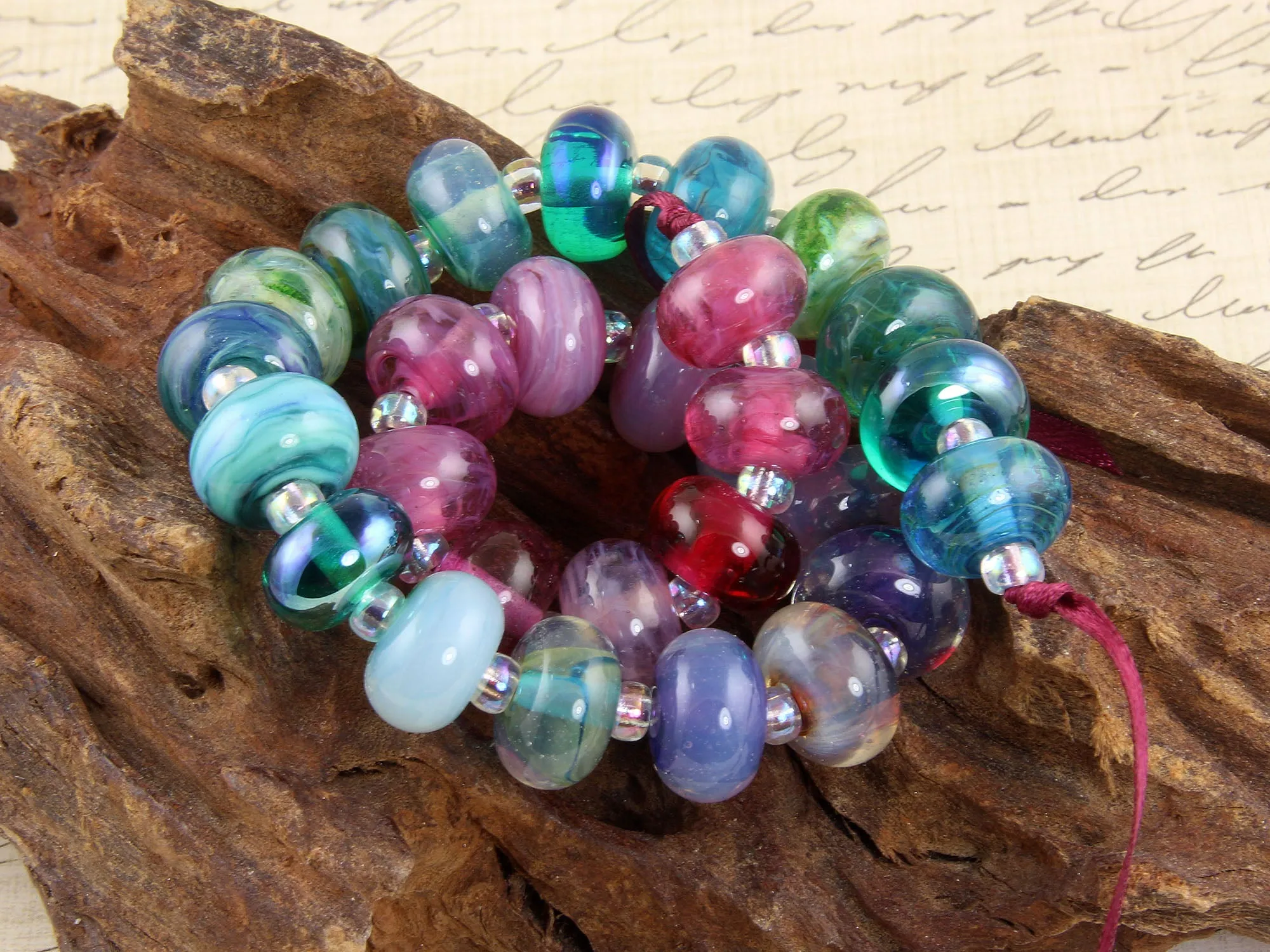 28 Handmade Pink Purple Teal Lampwork Beads SRA
