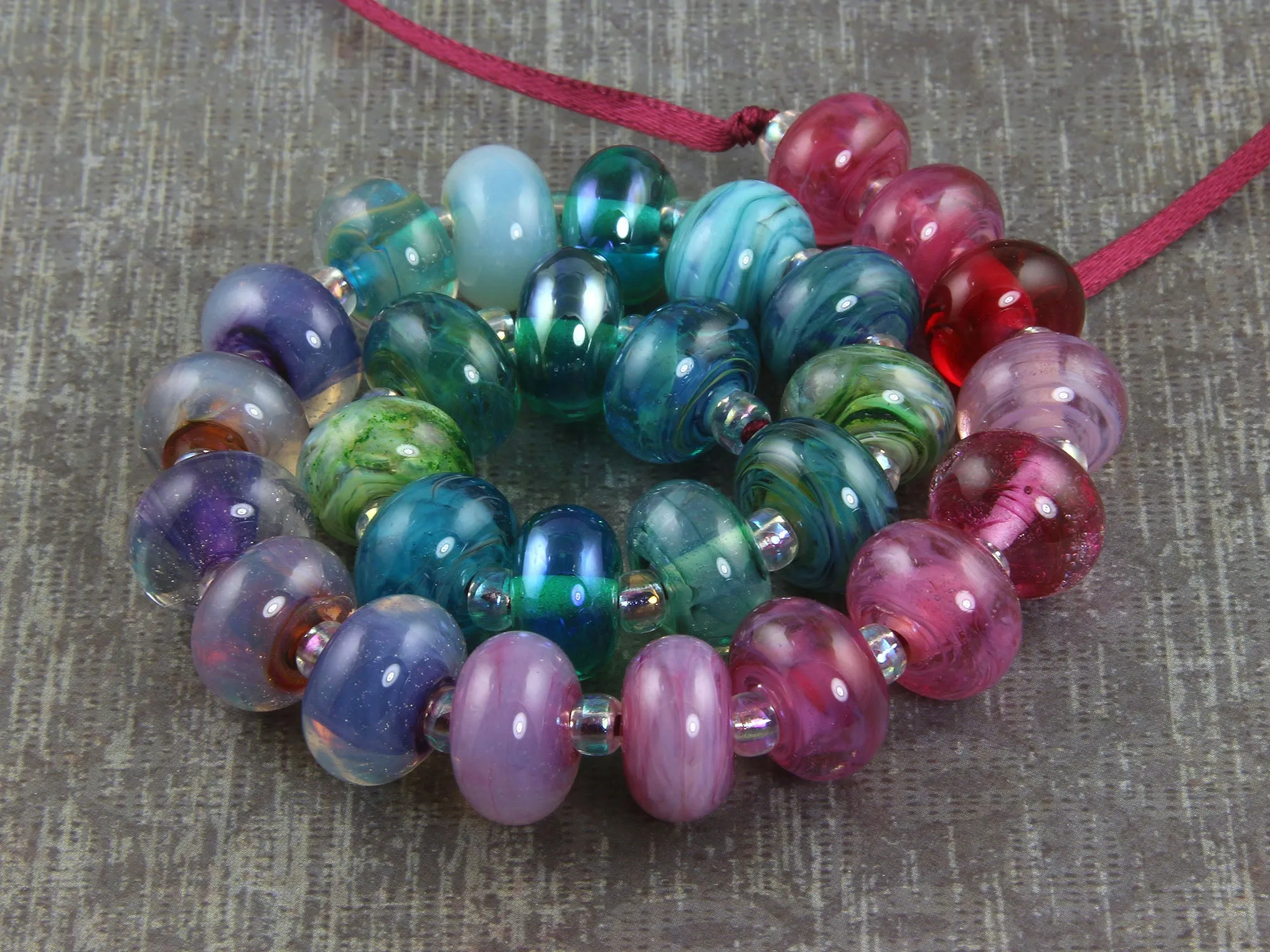 28 Handmade Pink Purple Teal Lampwork Beads SRA