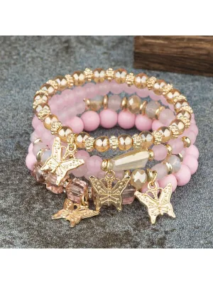 4pcs Butterfly Charm Pink Beaded Bracelet Creative Jewelry for Women Crafted