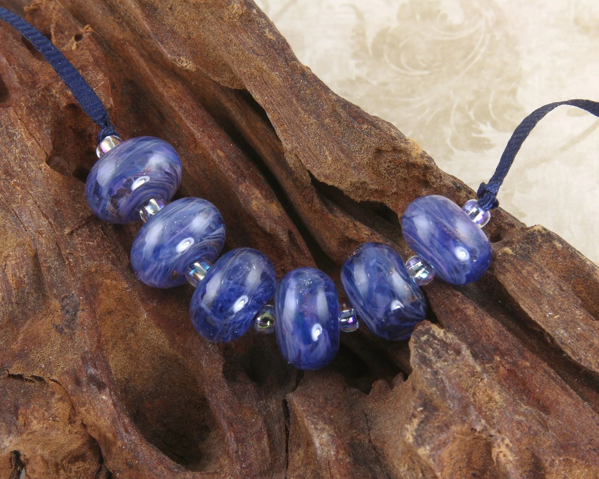 6 Handmade Blue Purple Swirl Lampwork Beads SRA